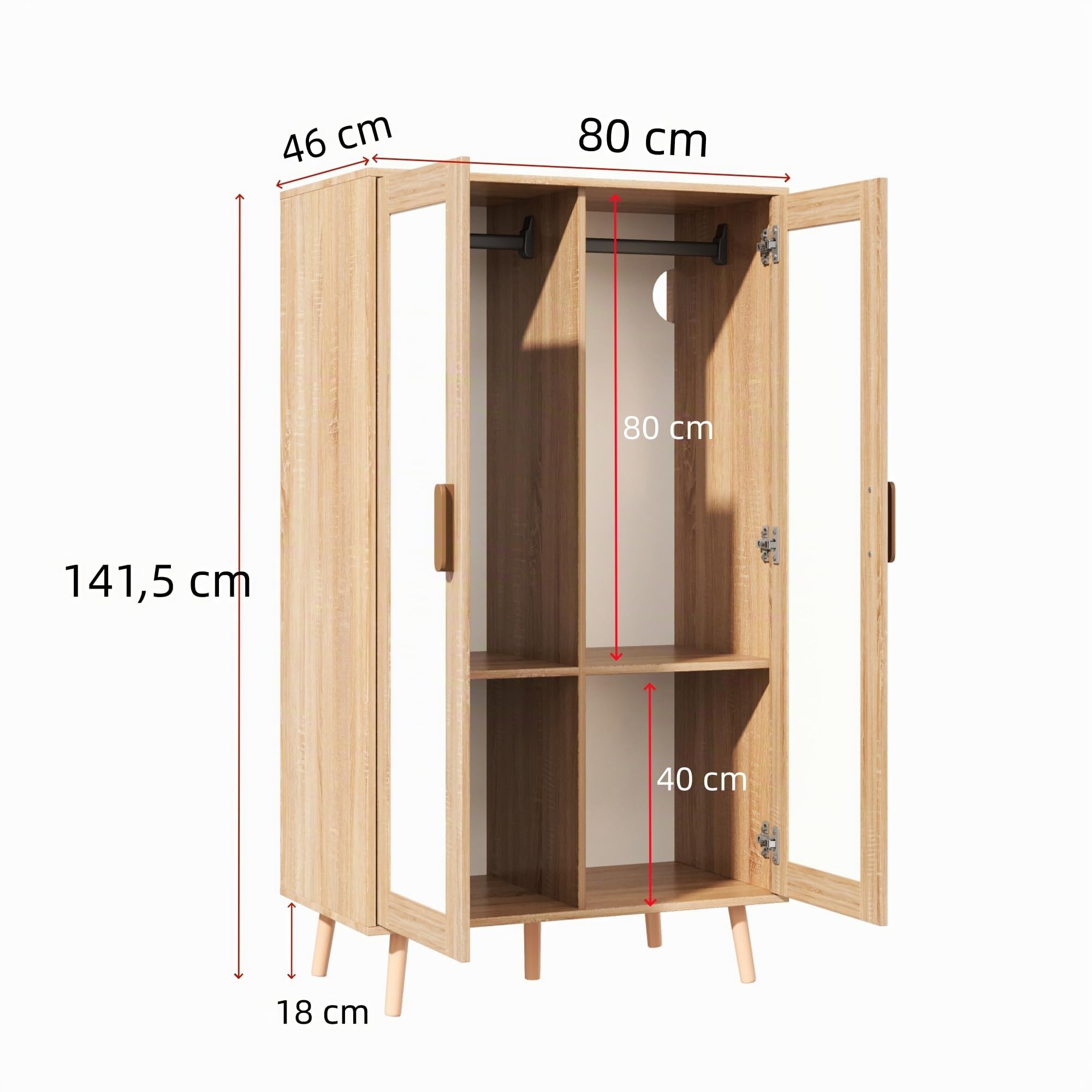 Armario infantil con 2 puertas con barra colgante de 80 x 46 x 141,5 cm, acabado de madera natural, elegante solución de almacenamiento para habitación de niños, diseño duradero y funcional