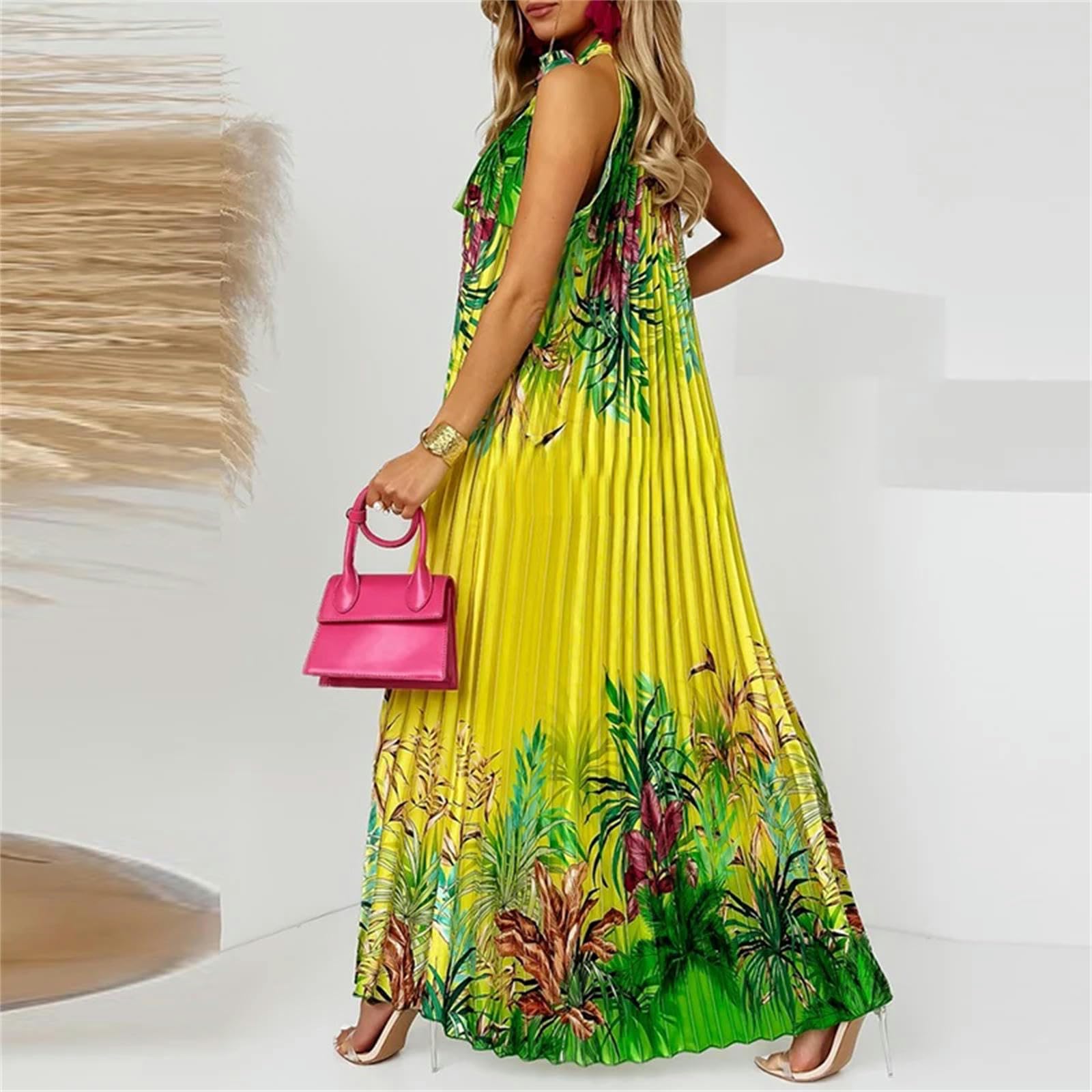 Vestito Donna Elegante Lady Casual Sciolte Sciolte Maxi Abito Pieghedini da Donna Stampare A Foglie D'Abito da Spiaggia Senza Maniche