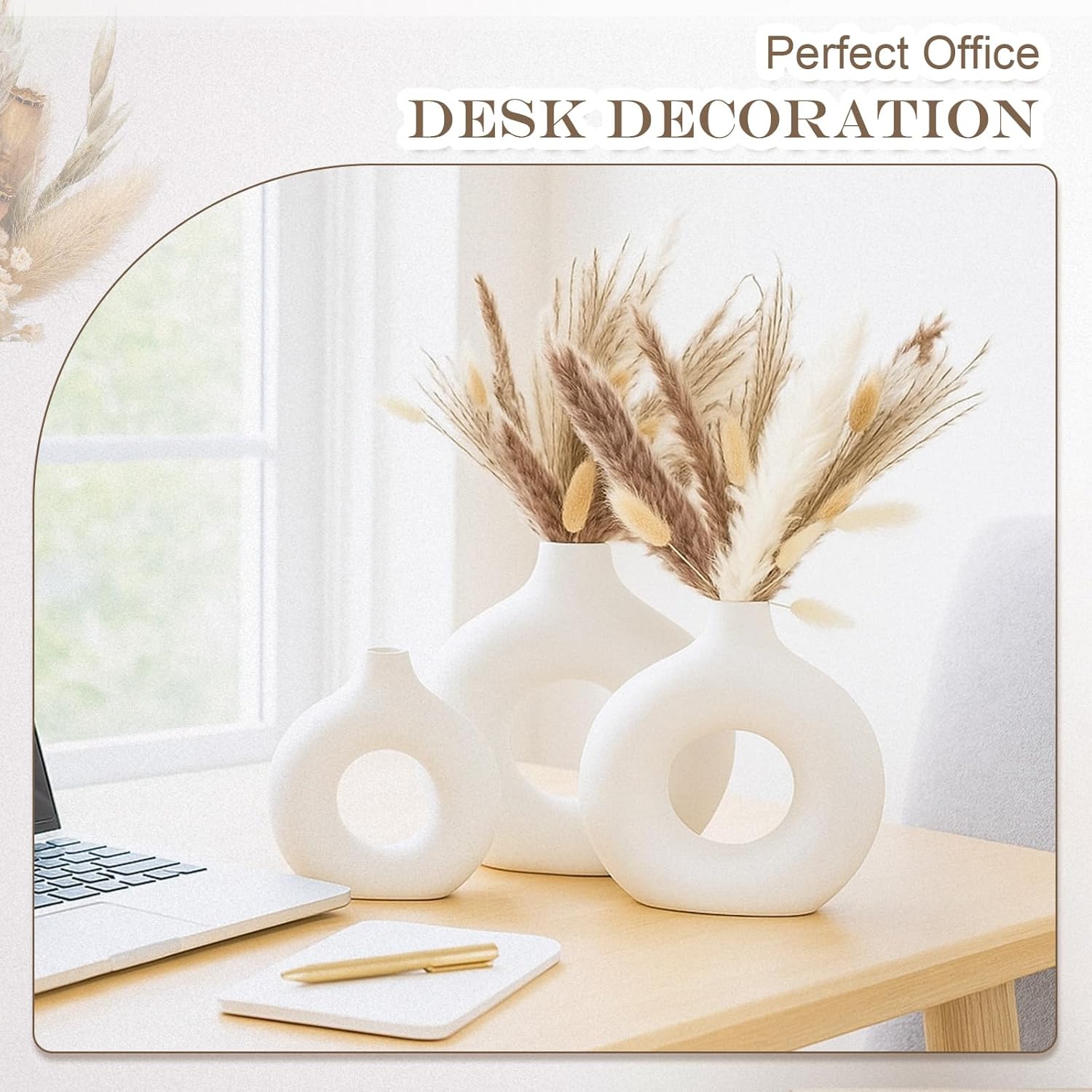 4 Set White Donut Vase with 100 Pcs Dried Pampas Grass Flowers for Modern Beige Room Hollow Boho Minimalist Plastic Nordic Round Cute Vases for TV Stand Living Room Table Bedroom Office Decor