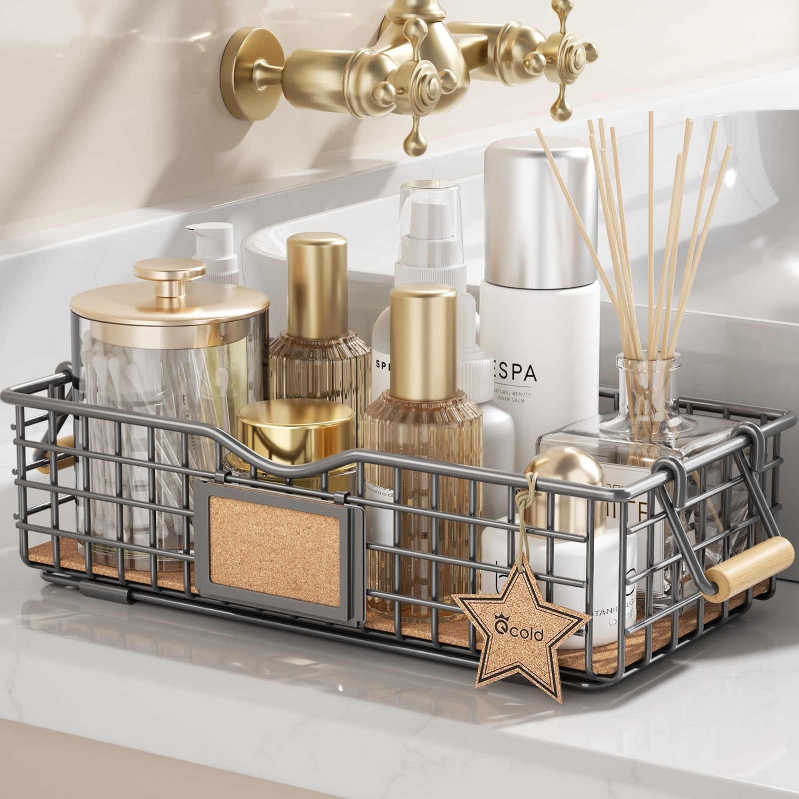 Qcold Metal Wire Basket Storage, Bathroom Basket for Organizing, Bathroom Counter Organizer with Wooden Handles, Farmhouse Bathroom Decor Tray, Toilet Paper Basket Storage (Small),Light Grey