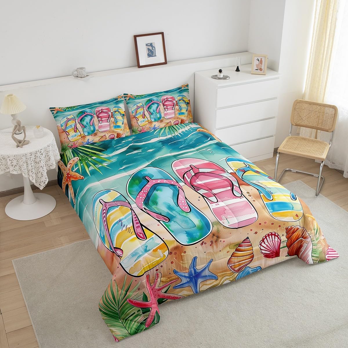 Manfei Beach Life Comforter Set Queen Size 3 Pcs,Hawaii Seaside Flip Flops Watercolor Bedding Set,Summer Coastal Starfish Shell Conch Quilt Set for Young Adults,2 Pillowcases