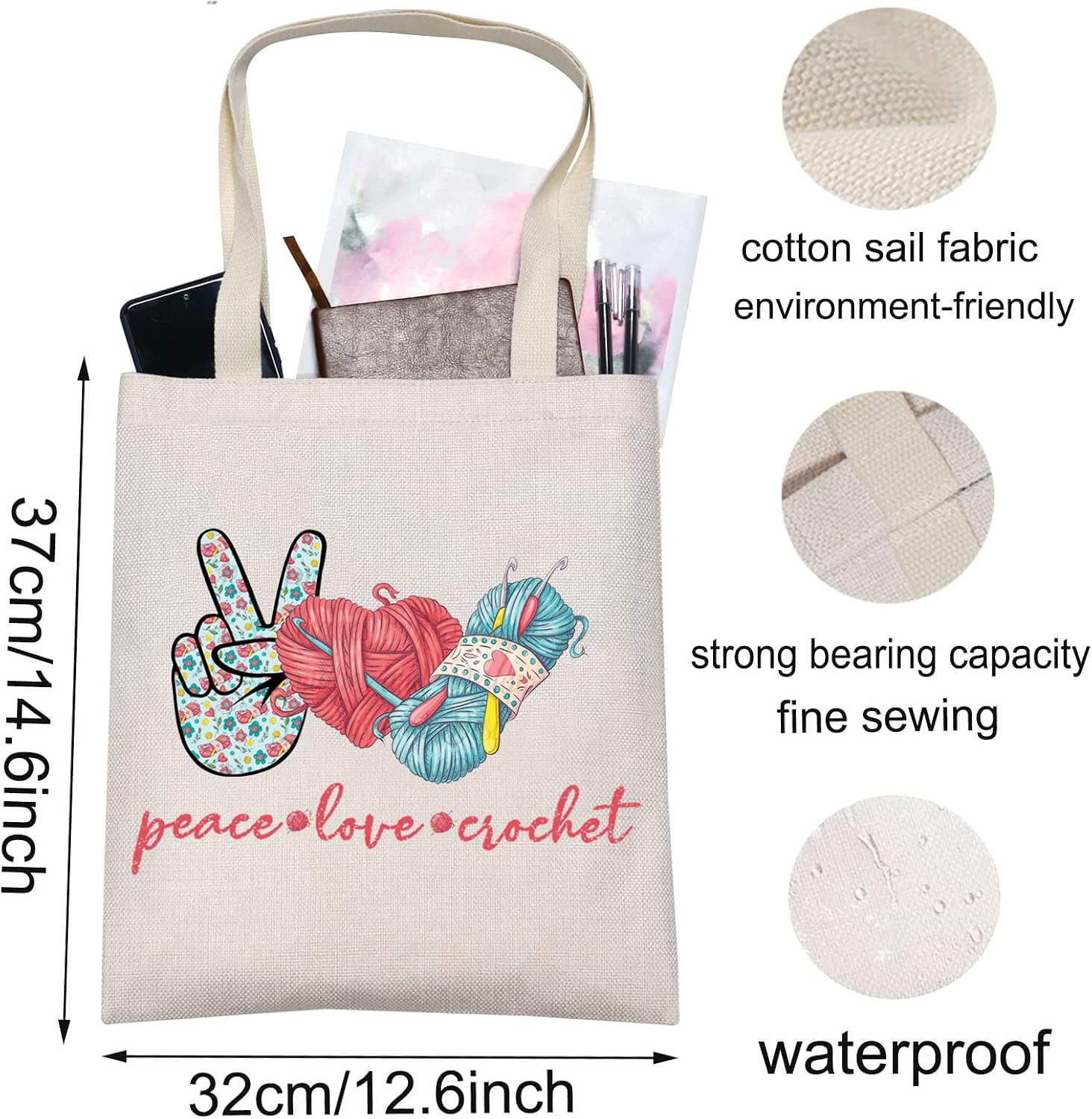 WZMPA Crocheting Lover Cosmetic Bag Crochet Gifts Peace Love Crochet Makeup Zipper Pouch Bag for Women Girls Peace Crochet Tote - Image 3