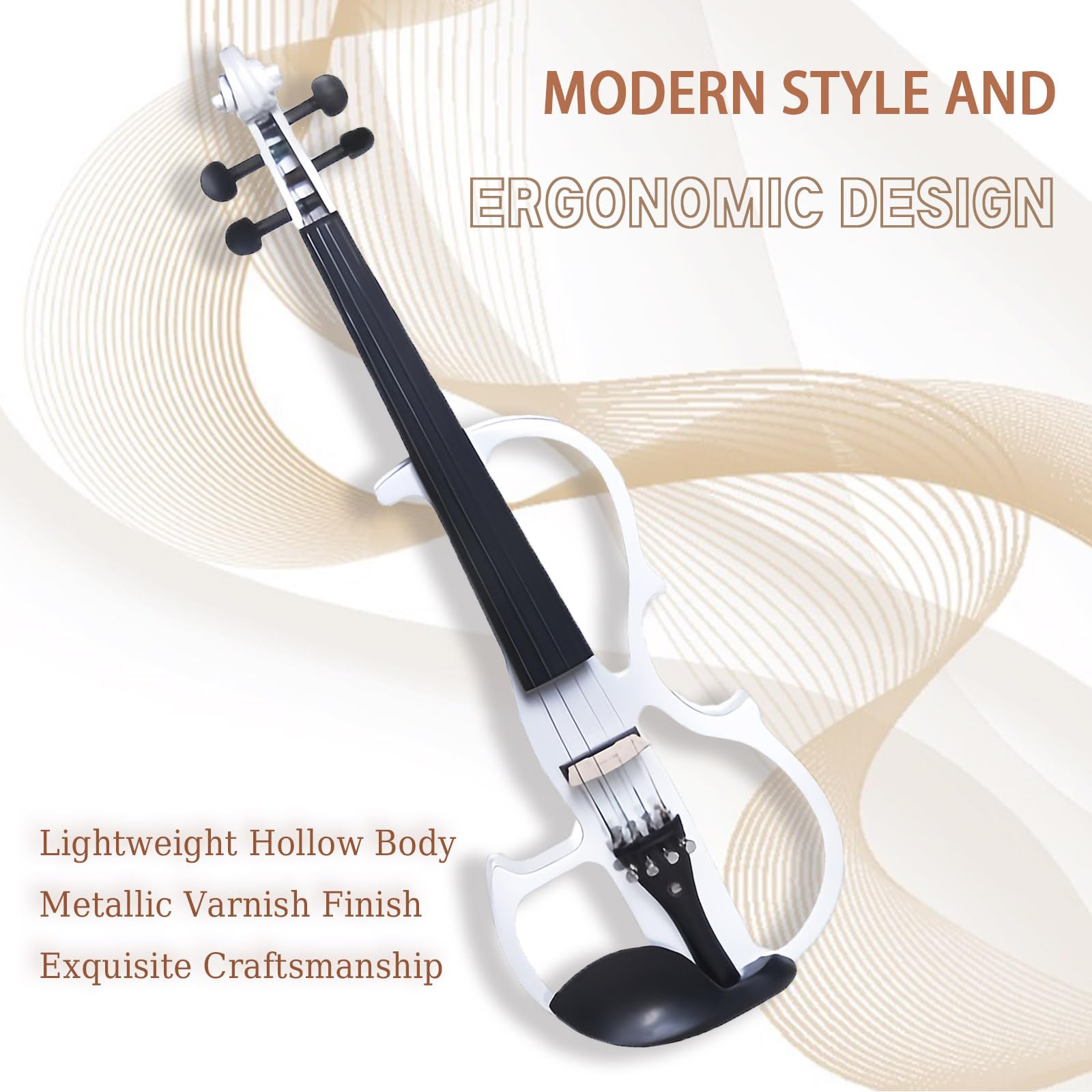 Ceciliec Electric Violin, Solid 4/4 Full Size Silent Violin Fiddle with Ebony Fittings, Beginner Violin with Case, Bow, Rosin, Aux Cable, and Headphones (Pearl White)