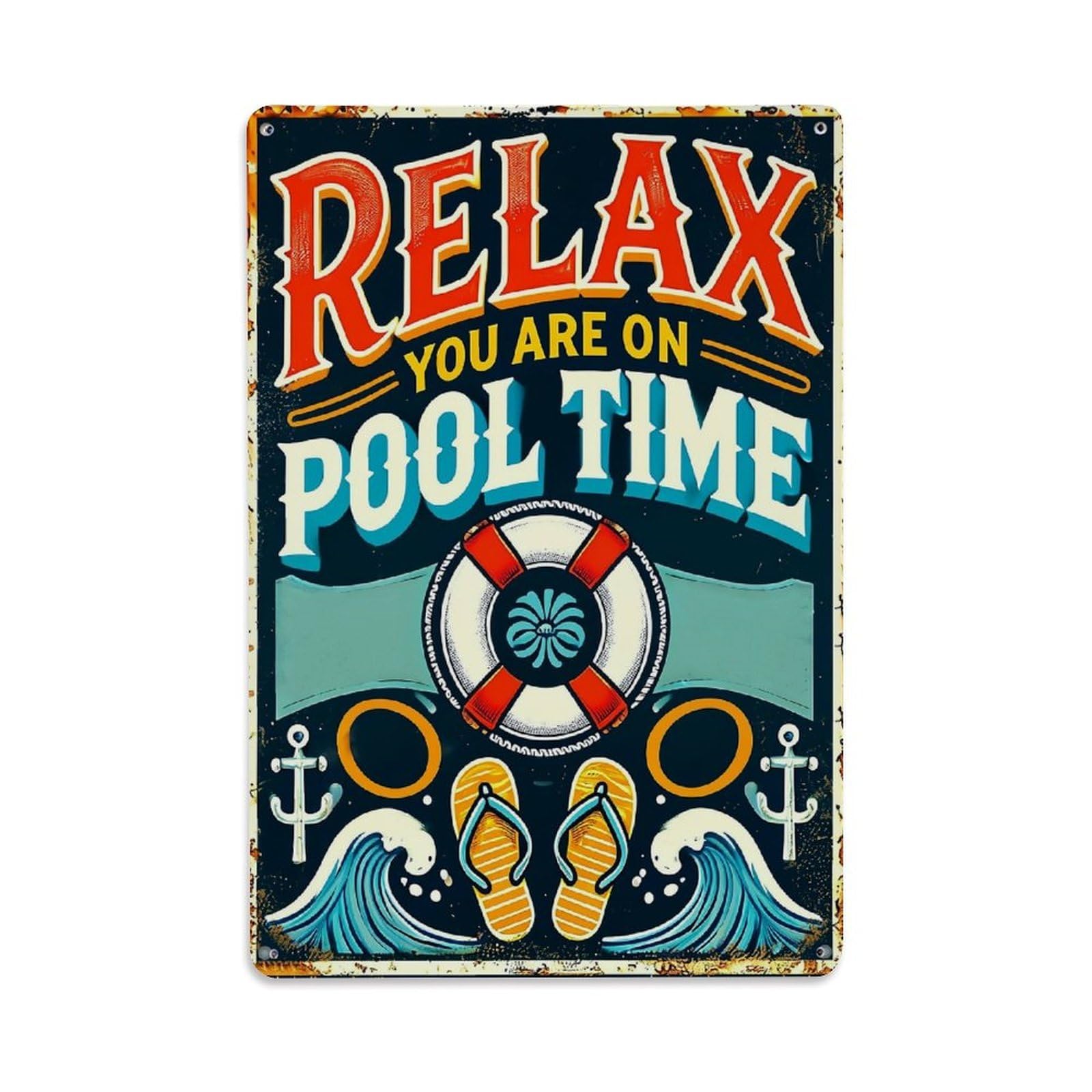 Jdyaojiesheng Vintage Relax Pool Time Flip Flops Waves Tin Sign Retro Metal Wall Decor Metal Poster, Home Bar Garage Farmhouse Cafe Wall Art Decoration 8X12inches