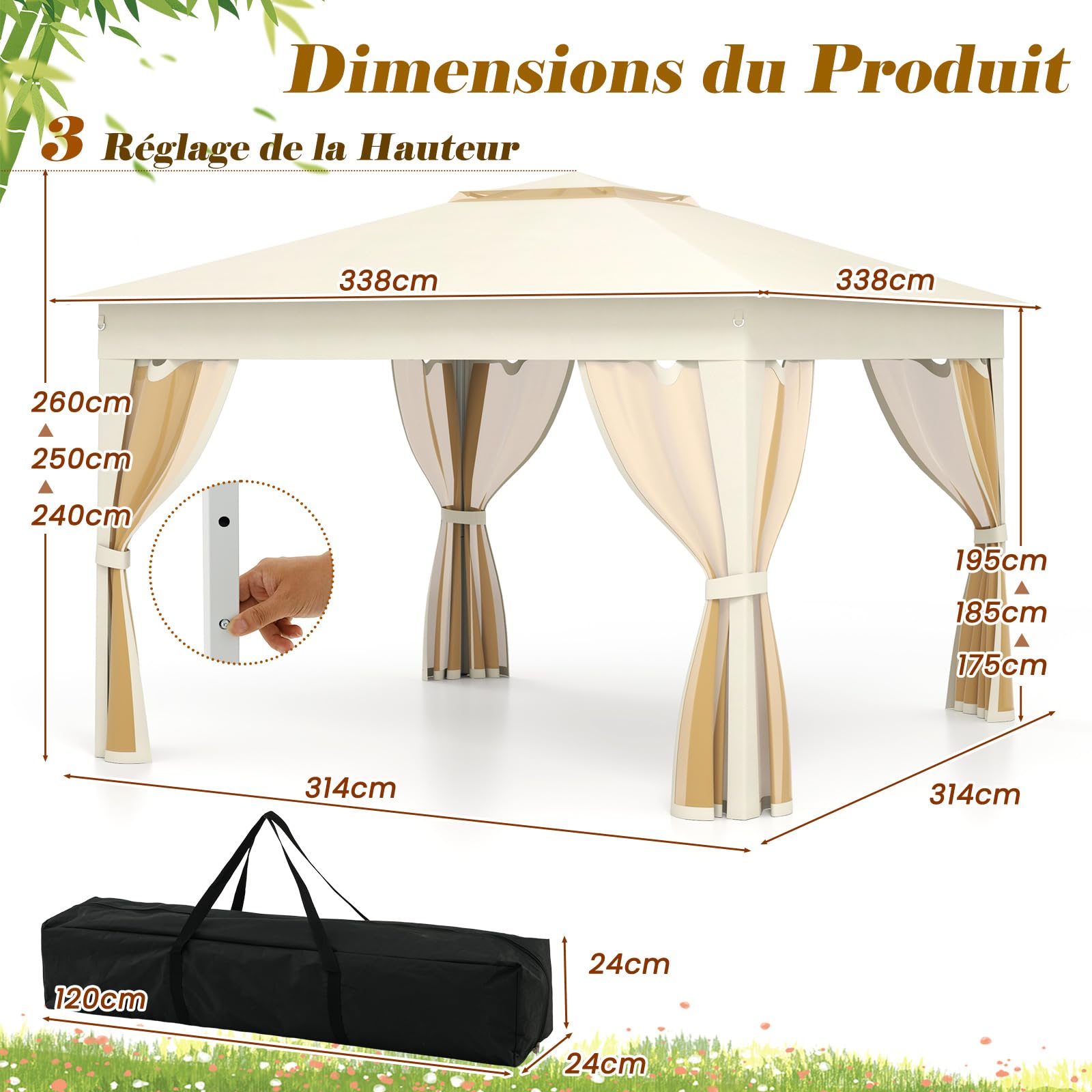 RELAX4LIFE Tonnelle Pliante 3x3 avec Moustiquaires, Toit Ventilé Argenté, Protection Solaire, Sac Inclus, Beige