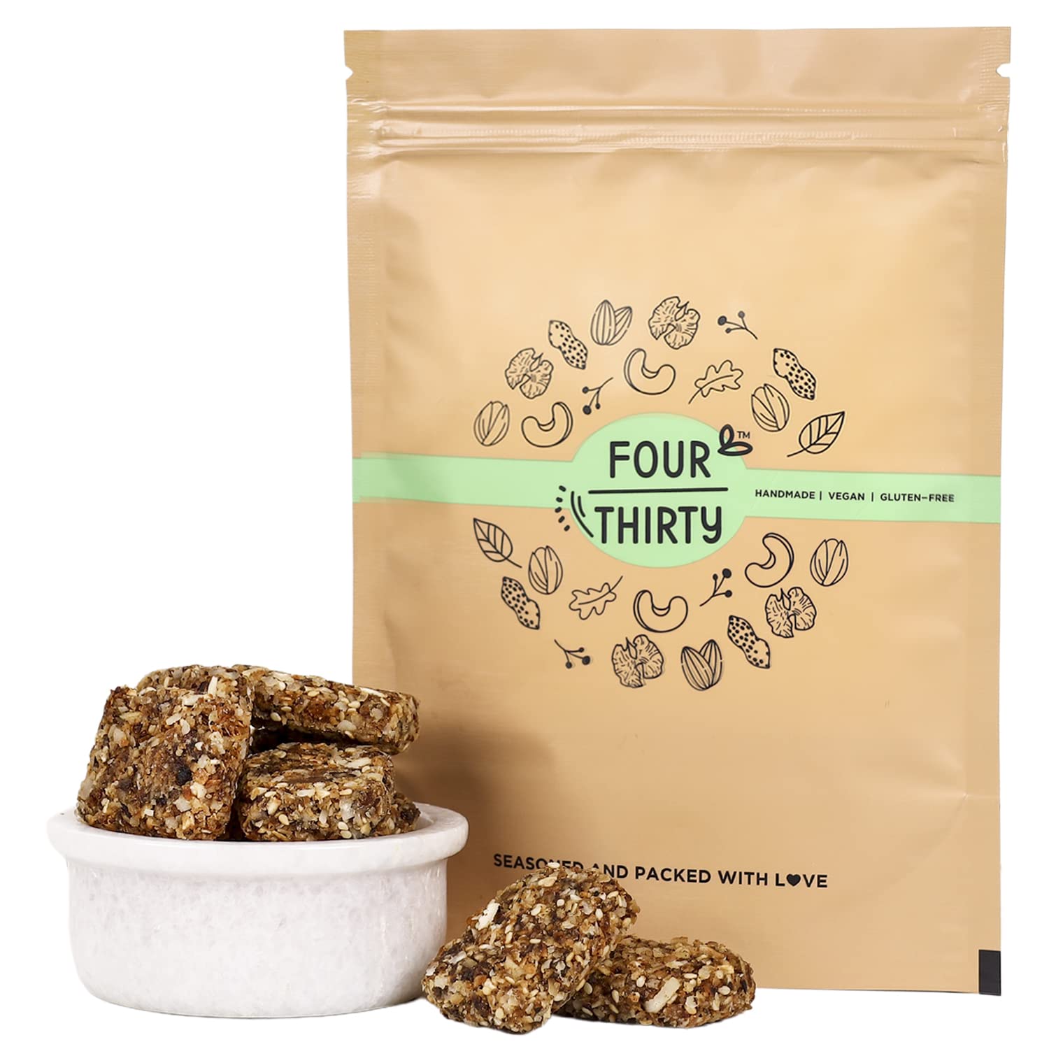 FourThirty Coconut Sesame Bites | Tasty Healthy Snacks | Gluten-Free Snacks | Made With Dates & Jaggery | Vegan | Sugar-Free | No Preservatives | 2 x 150 g | Pack of 2