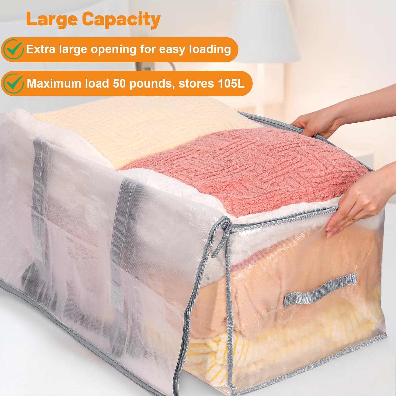 Dntorx 8er-Pack 105L Transparente Umzugstaschen Kleidungsaufbewahrungstaschen Strapazierfähige Umzugstaschen Packtaschen mit Reißverschlüssen für Umzug Kleidung Bettwäsche Daunendecke Spielzeug