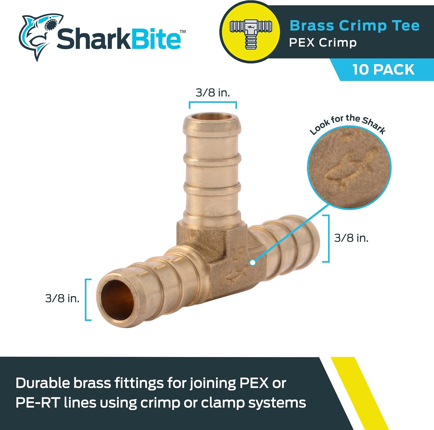 SharkBite 3/8 Inch Crimp Tee, Pack of 10, Brass Plumbing Fitting, PEX Pipe, PE-RT, UC360LF