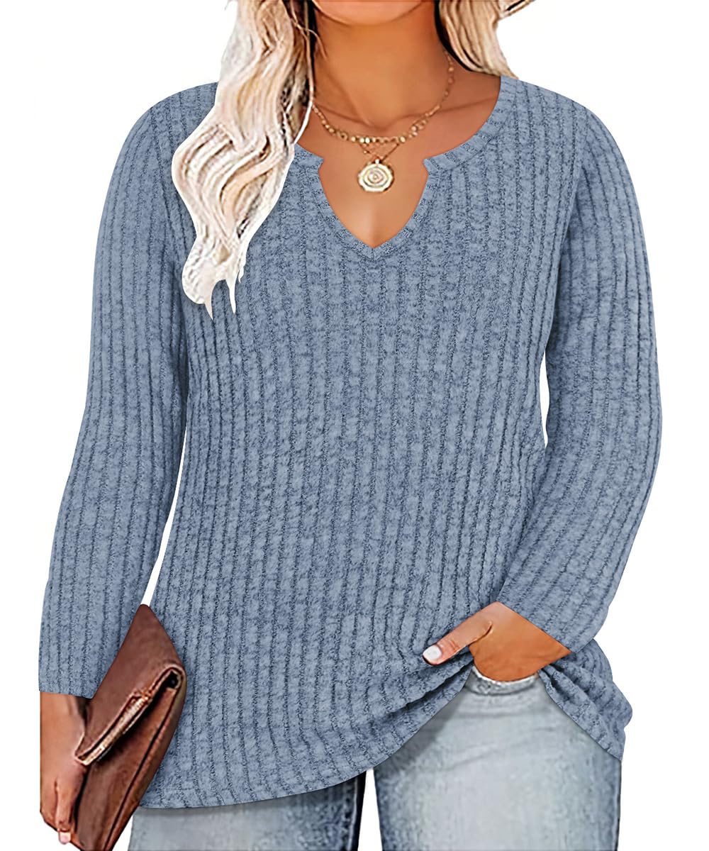 RITERA Plus Size V Neck Tops for Women Long Sleeve Side Split Lightweight Knitwear Solid Color Loose Casual Tunic Top XL-5XL