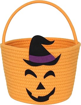 MEGASKET Halloween Basket for Kids, Woven Cotton Rope Pumpkin Candy Basket, Cute Trick or Treat Bucket with Handle, Small Orange Boo Spooky Bins for Kids Adults, Halloween Decoration Gift Bin Empty