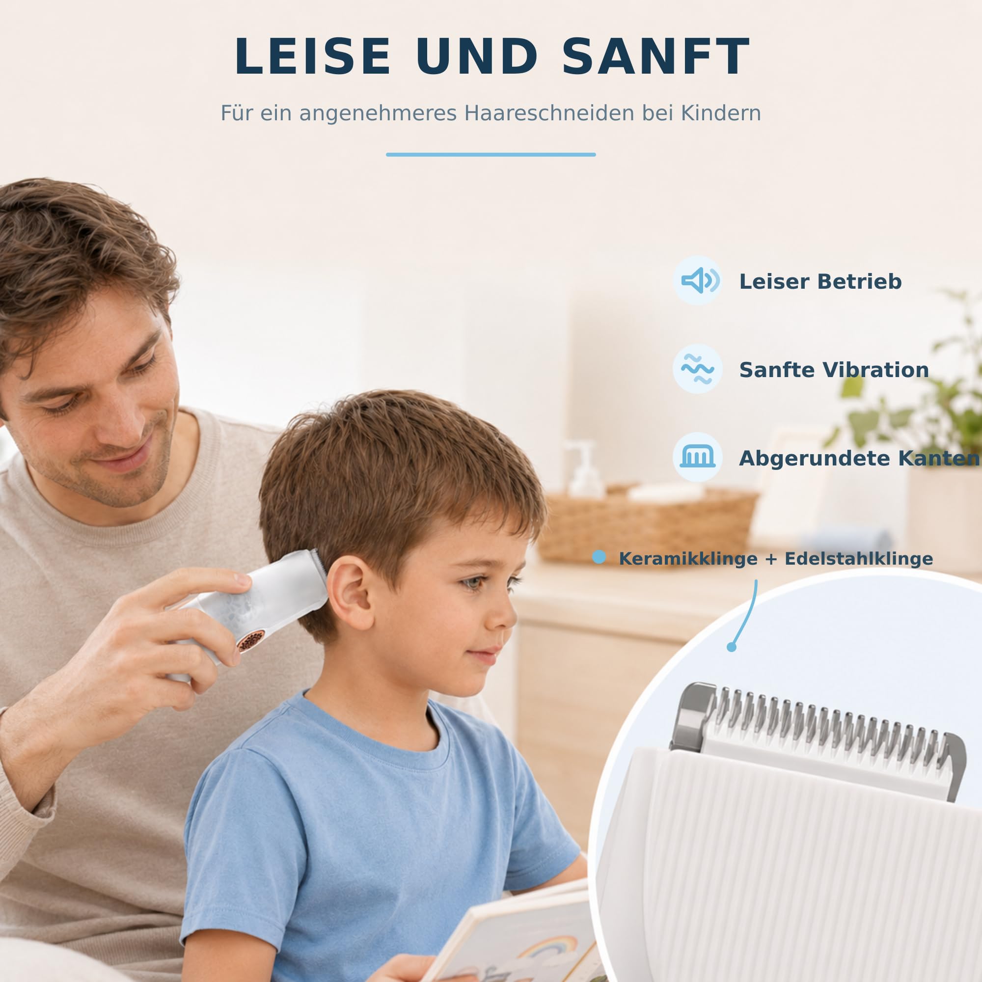 HOME Baby Haarschneider mit Absaugfunktion, Leise Kinder Haarschneidemaschine IPX7 Wasserdicht, 3 Geschwindigkeiten, Keramikklinge mit Abgerundeten Kanten, USB-C, 3 Führungskämme