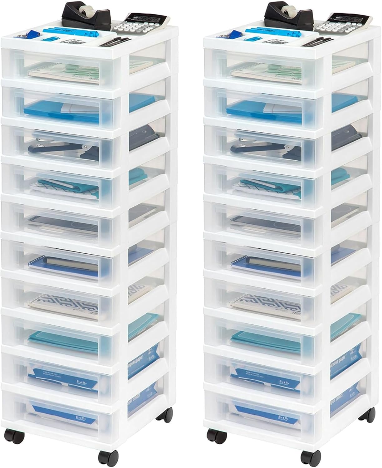 IRIS USA 2 Pack 10-Drawer Plastic Storage Rolling Organizer Cart with Caster Wheels for Laundry Room, Bathroom, or Closet Dresser Storage, White/Clear