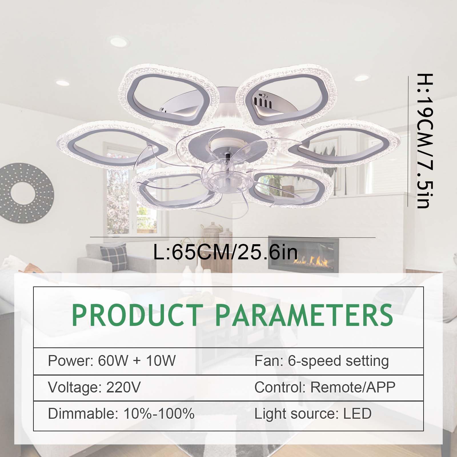 Ventilatore Da Soffitto Con Luce LED 65cm 60W - 6 Velocità, Telecomando E App, Motore DC Silenzioso, Reversibile