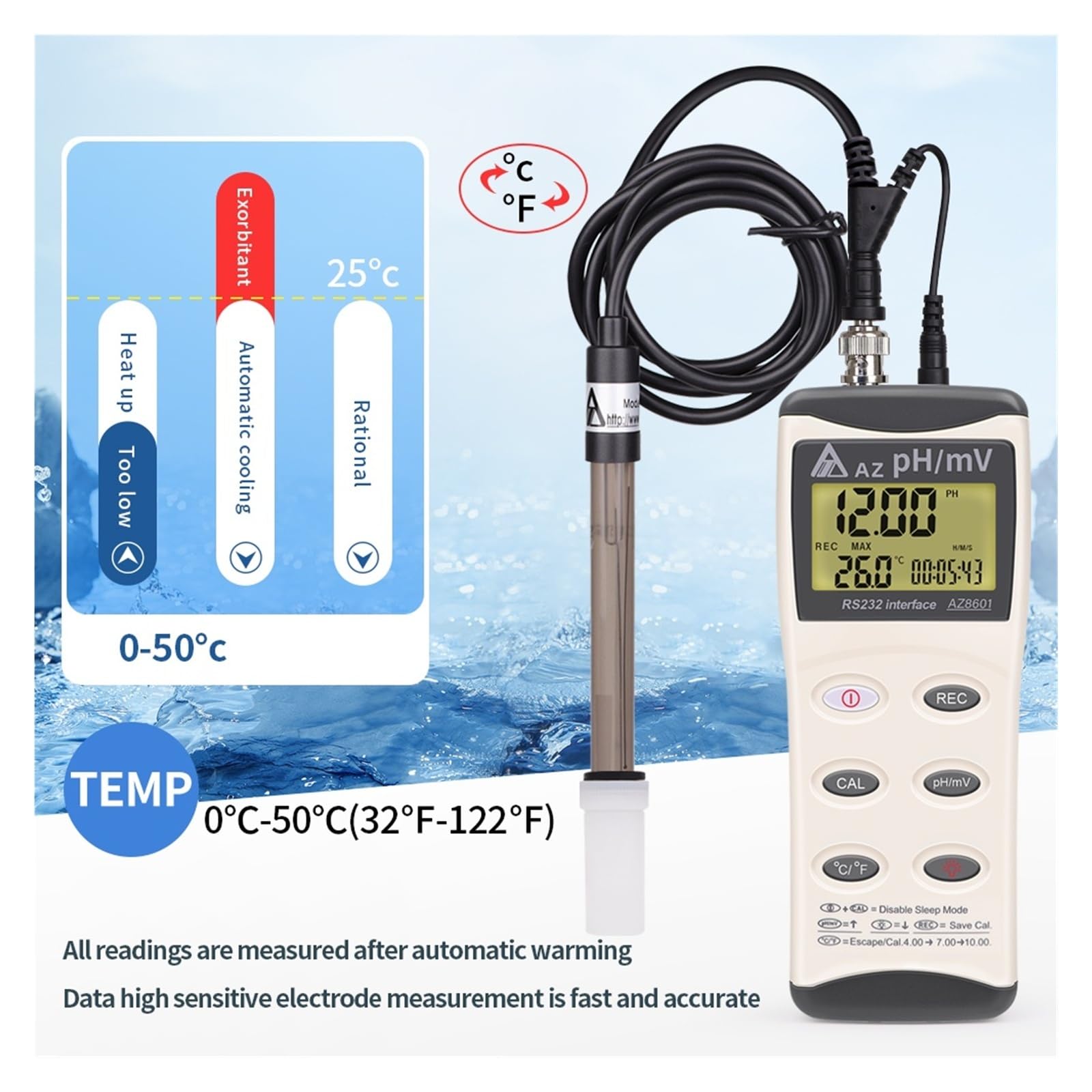 Testeur de qualité de l'eau Testeur de pH AZ8601 0,00 à 14,00 pH for Aquarium, aquaculture, pH, température, MV, qualité de l'eau