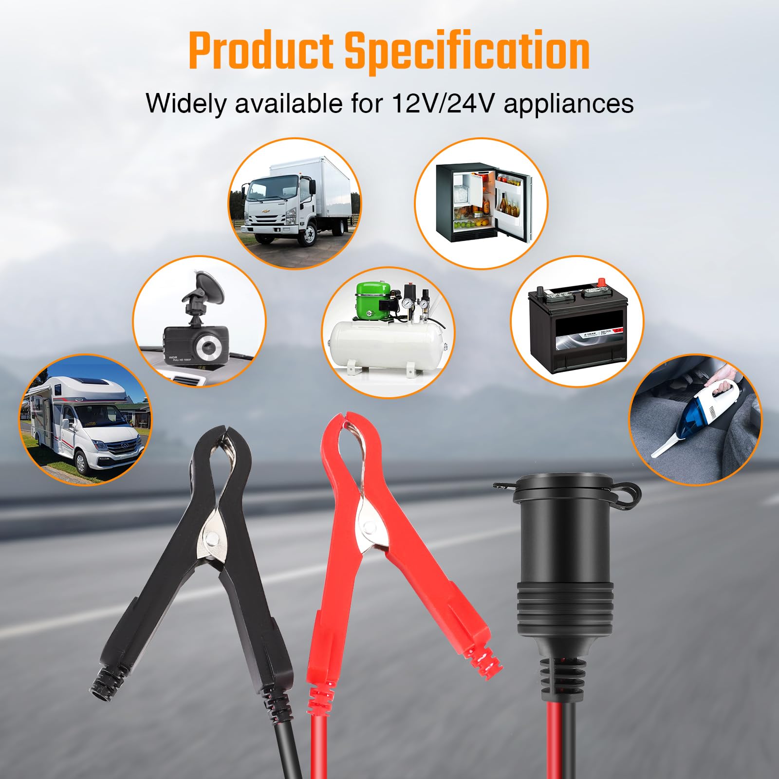 Thlevel Cable de Extensión de Coche Alargador Mechero Coches 12V 24V Pinza de Cocodrilo Eléctrica 3 Metros 16AWG con Fusible de Protección para la Batería Portátil Compresores Inversor
