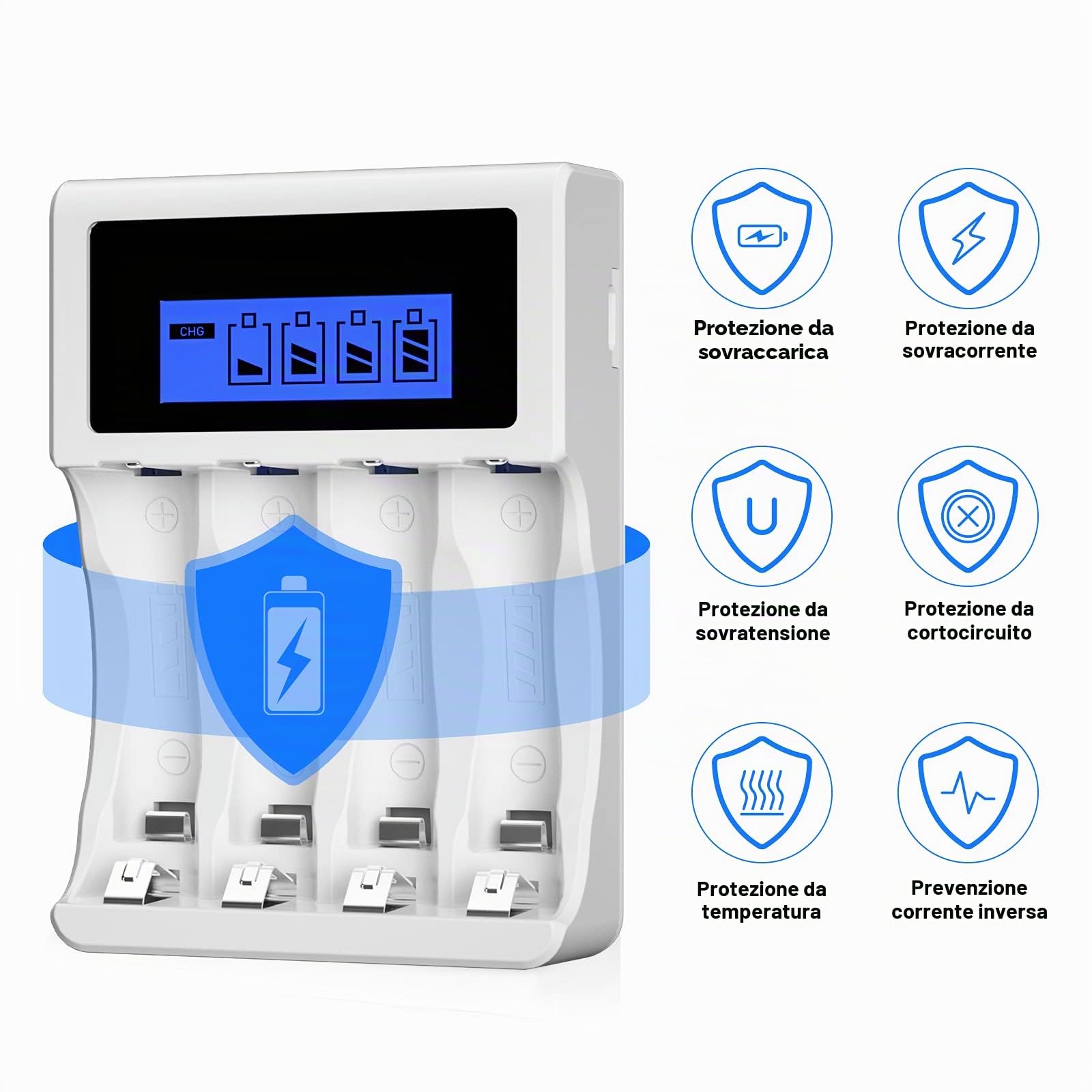 BONAI Caricabatterie per Pile Ricaricabili AA AAA con Display LCD, 4 Slot Indipendenti, Carica Ni-MH, Cavo USB