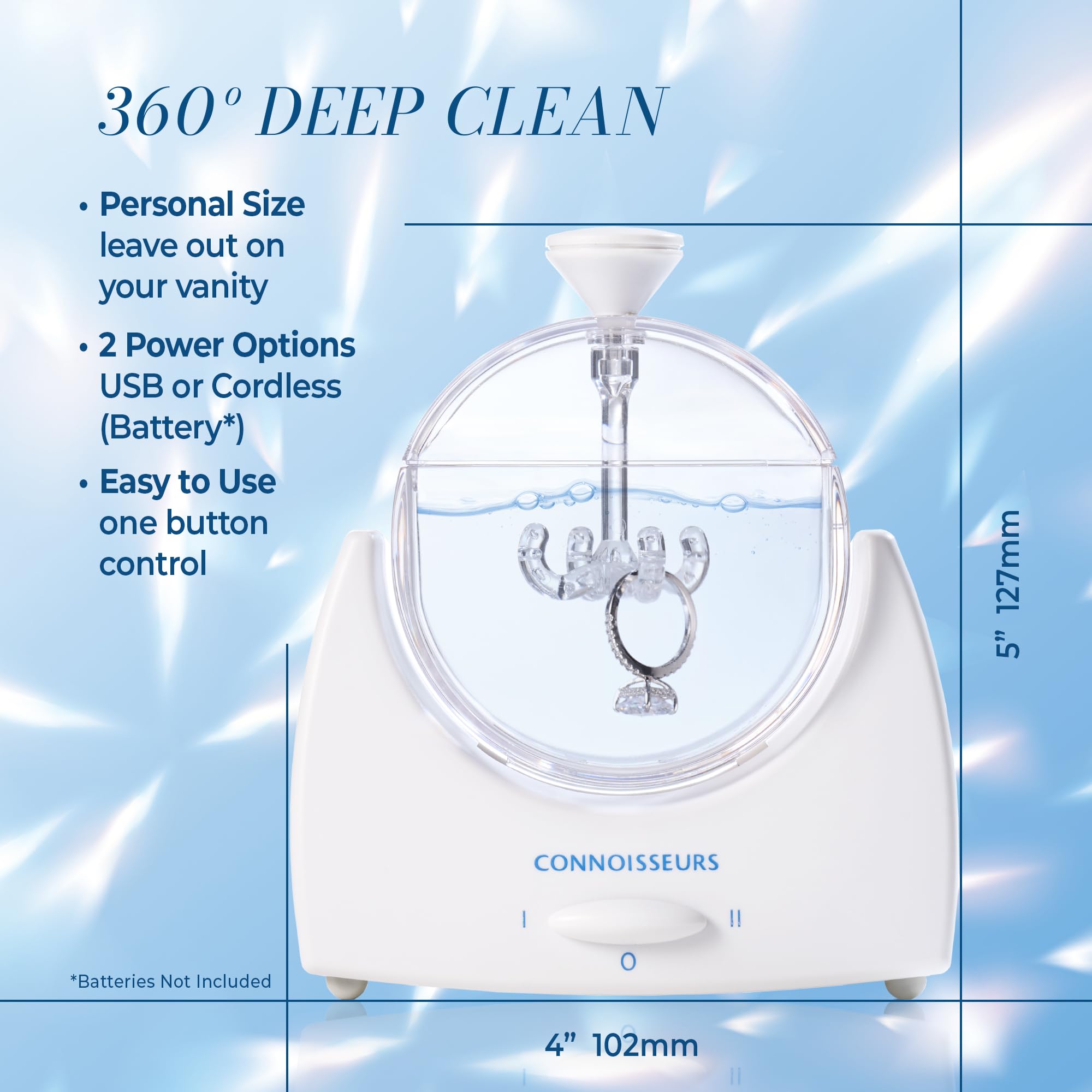 CONNOISSEURS LaSonic Diamond Dazzler Pulitore Gioielli | Pulitore Ultrasuoni ad Anello su Misura | Macchina per Pulizia Ultrasuoni con panno per la pulizia dei gioielli Diamond Dazzle e Dazzle Drop
