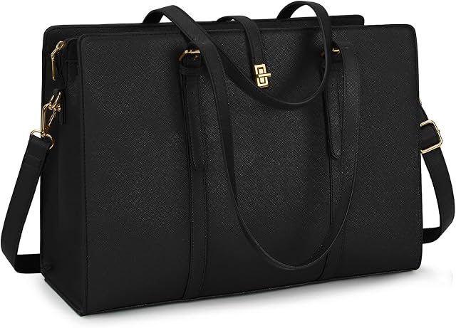 Laptop Bag for Women 15.6 Inch Leather Laptop Tote Bag Waterproof Work Shoulder Bag Lightweight Computer Tote Bag Professional Women Business Office Bag Large Travel Handbag Black