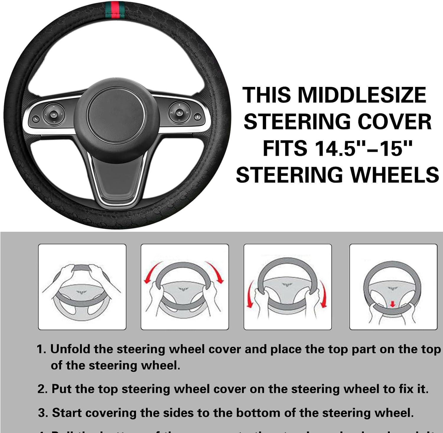 5PCS Steering Wheel Cover, with 2 Headrests, 2 Seat Belt Covers - Universal Fit for 14.5-15" Steering Wheel, Enhances Driving Experience - Perfect for Women (Black)