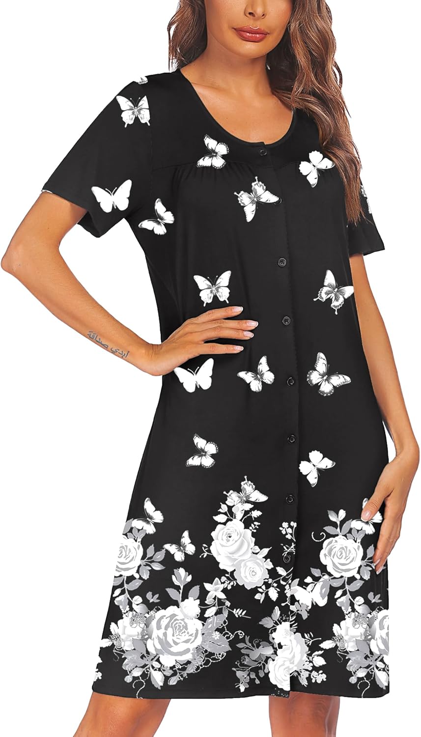 Ekouaer house dresses button down nightgowns short sleeve pleated