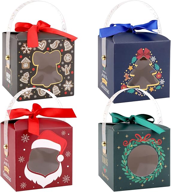 24 Pcs Christmas Candy Boxes Cake Boxes Christmas Treat Boxes with Clear Window and Handle Christmas Cupcake Boxes Christmas Cookie Boxes for Gift Giving Sweets Xmas Holiday Party Supplies
