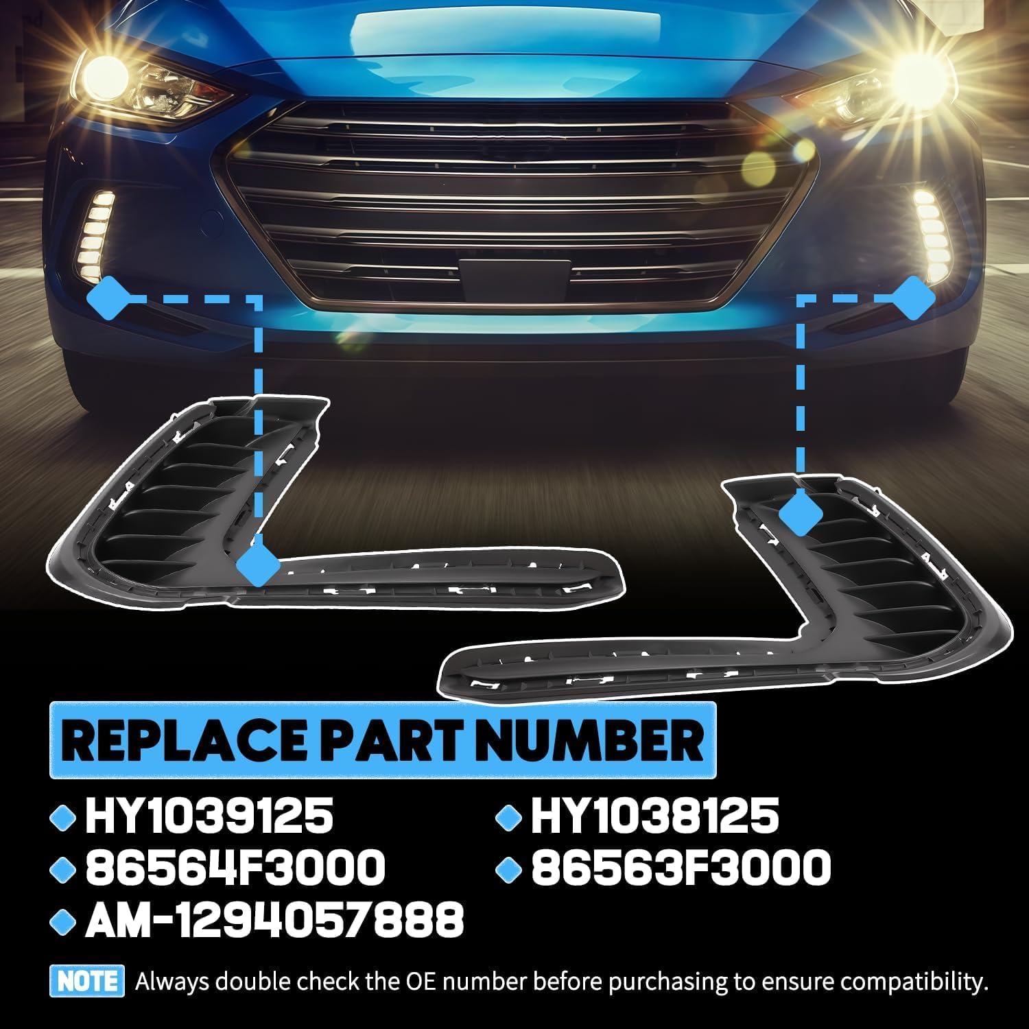 HY1038125 Front Bumper Lower Side Grille Fog Light Cover Bezel Pair for Hyundai Elantra 2017-2018 Sedan Replaces 86564F3000 86563F3000 HY1038125 HY1039125 Passenger & Driver Side