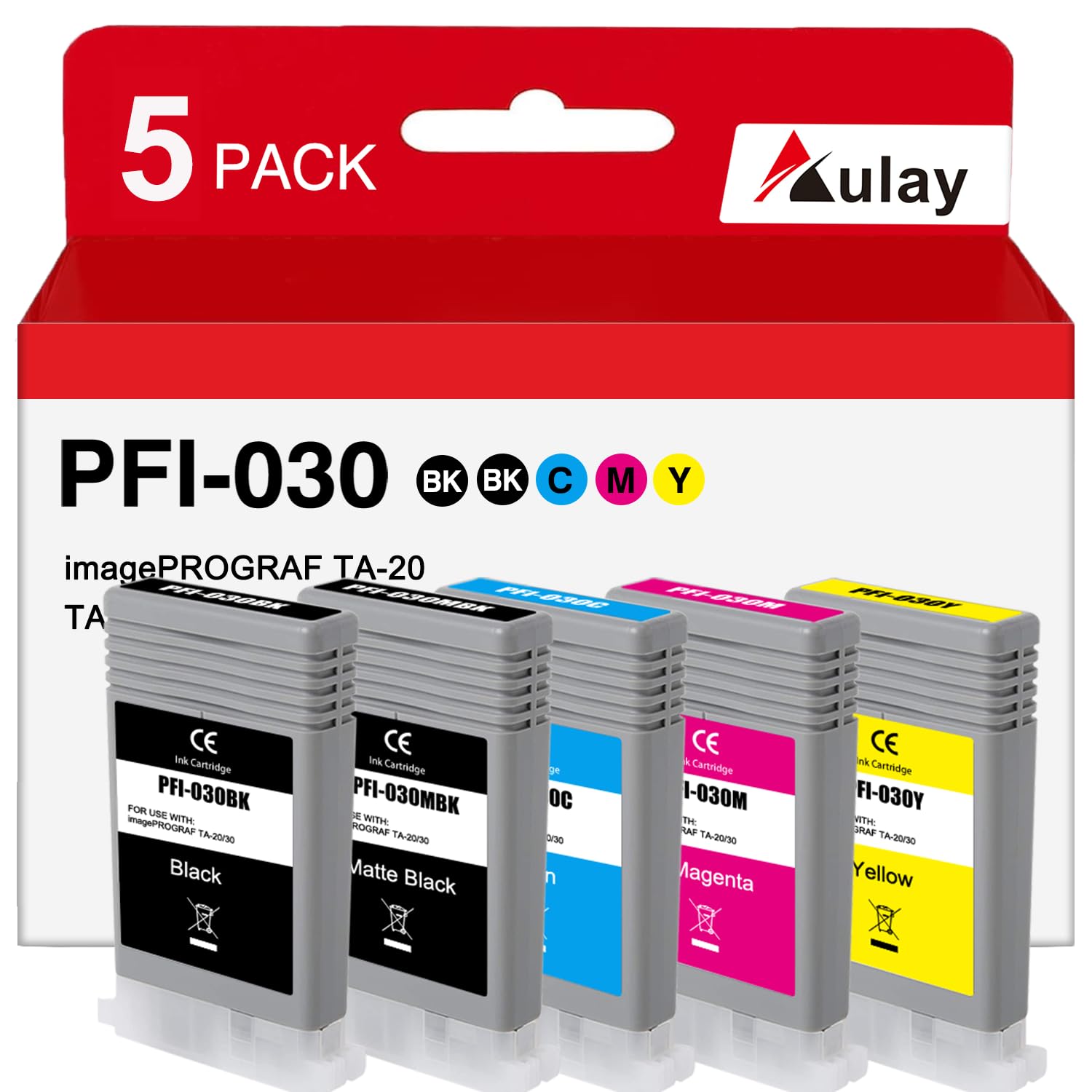 PFI-030 Ink Cartridge 55-ml Set Compatible PFI-030MBK PFI-030BK PFI-030C PFI-030M PFI-030Y Replacement for Canon imagePROGRAF TA-20 TA-30 Printer (5Pcs, Matte Black,Black Cyan Magenta Yellow)