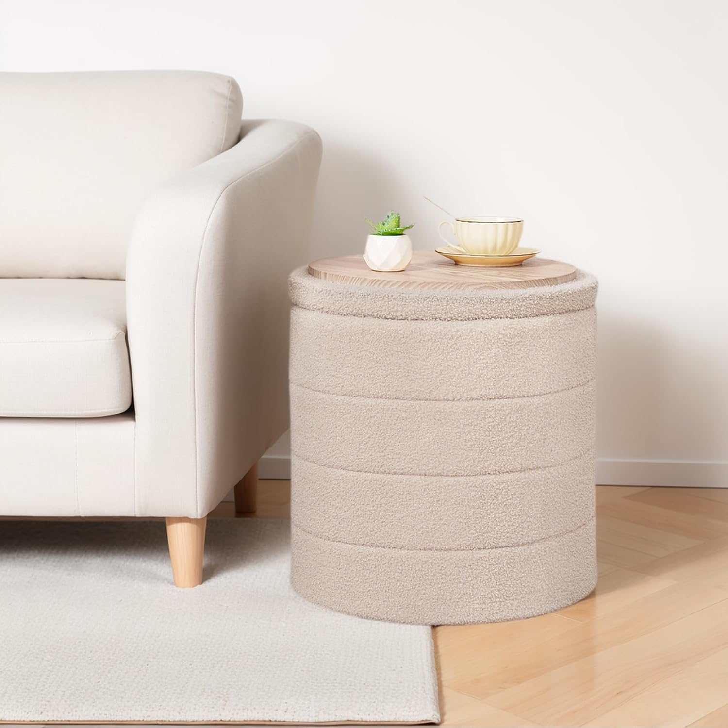 18" tall round boucle storage ottoman, sherpa teddy fabric ottoman footstool with wooden tray reversible lid, folding footrest with storage for living room, bedroom, dorm, beige 16.9"d x 16.9"w x 17.7"h beige