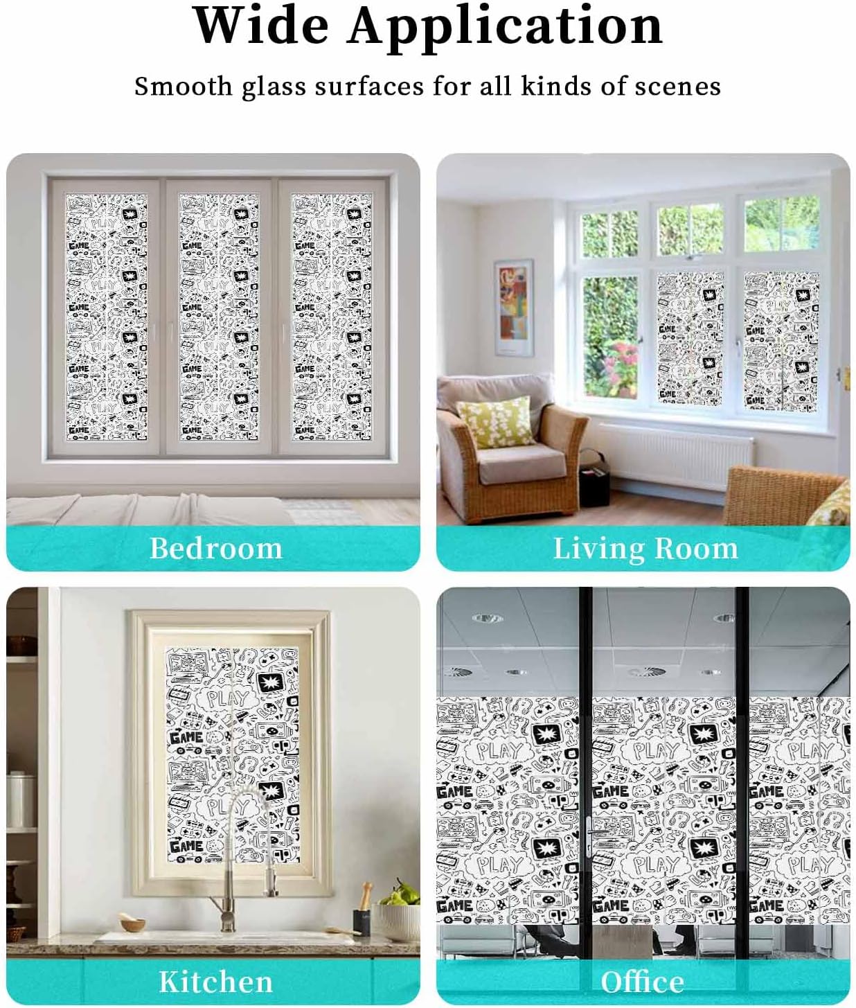 Black White Window Privacy Film Decorative Stained Glass Window Film Game Console Computer Gaming Sketch Style Static Windows Clings Sticker for Glass Door, 35.4"x78.7" Blackout Shades Windows Cover