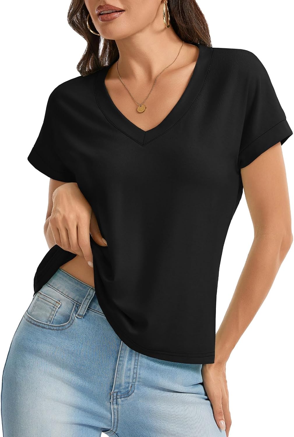 UNCLECAT Womens Crop Tops V Neck Cap Sleeve T Shirts Summer Basic Loose Fit Short Sleeves Tee Cute Trendy Clothes