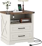 Yusong Table de chevet avec borne de recharge, 2 Tiroirs, Table d'appoint de canapés français blanc avec plateau de table amovible, Verrouillage intégré pour chambre à coucher, bois