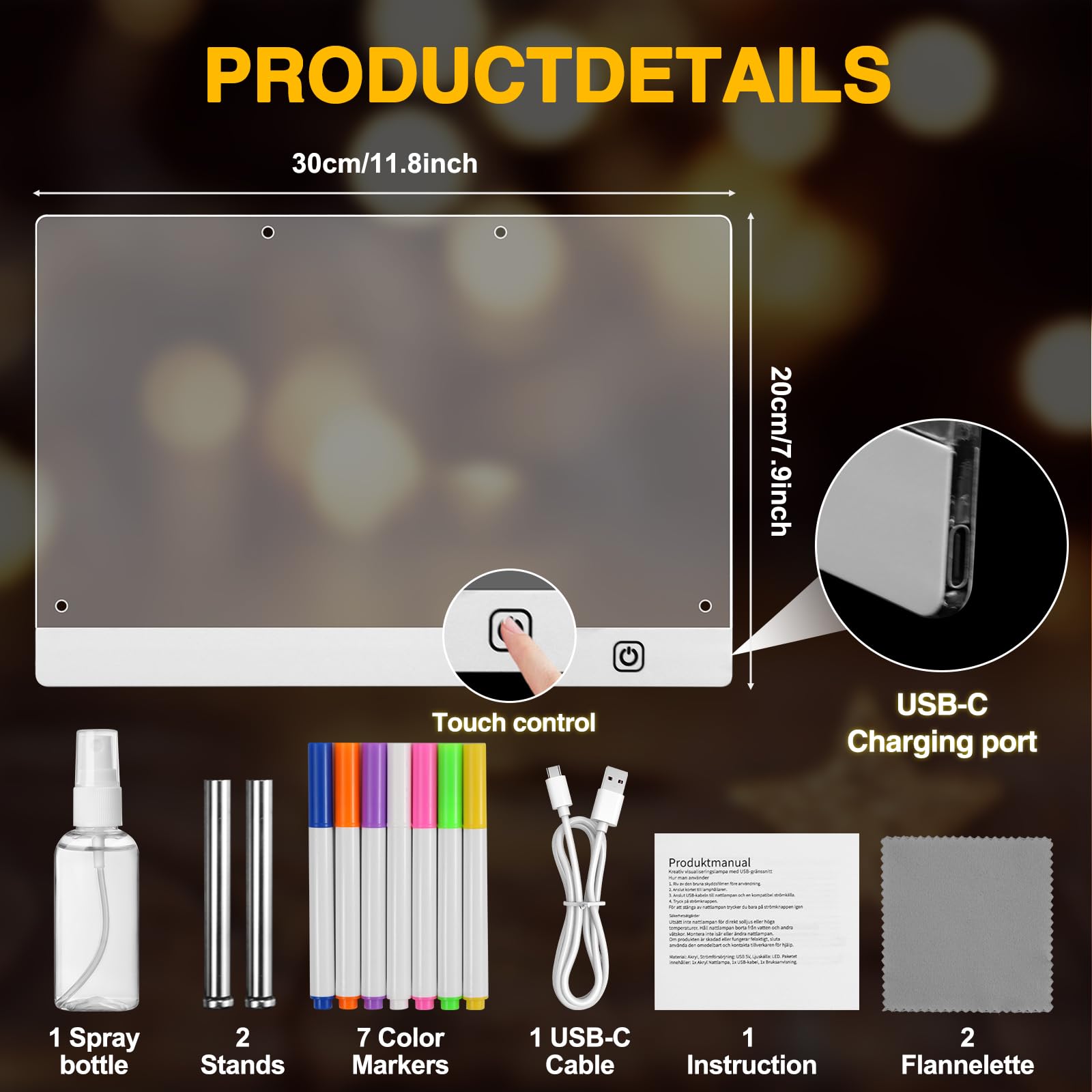 Tablero Acrílico Luminoso LED 30x20cm 7 Colores Bolígrafo Soporte Ajustable