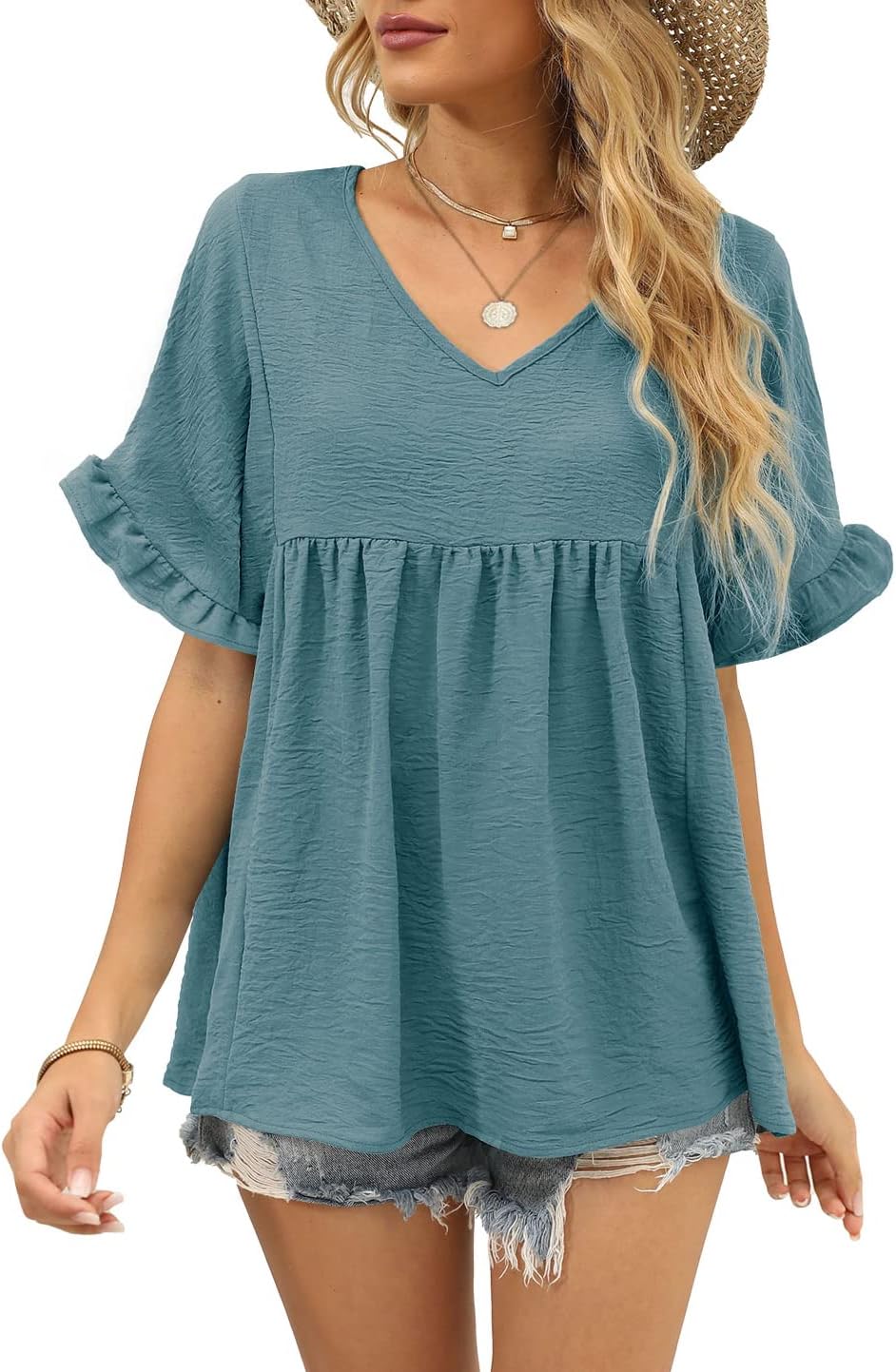 WIHOLL Womens Tops Casual V Neck Ruffle Sleeve T Shirts Babydoll Loose Fit Peplum Tops - Image 2