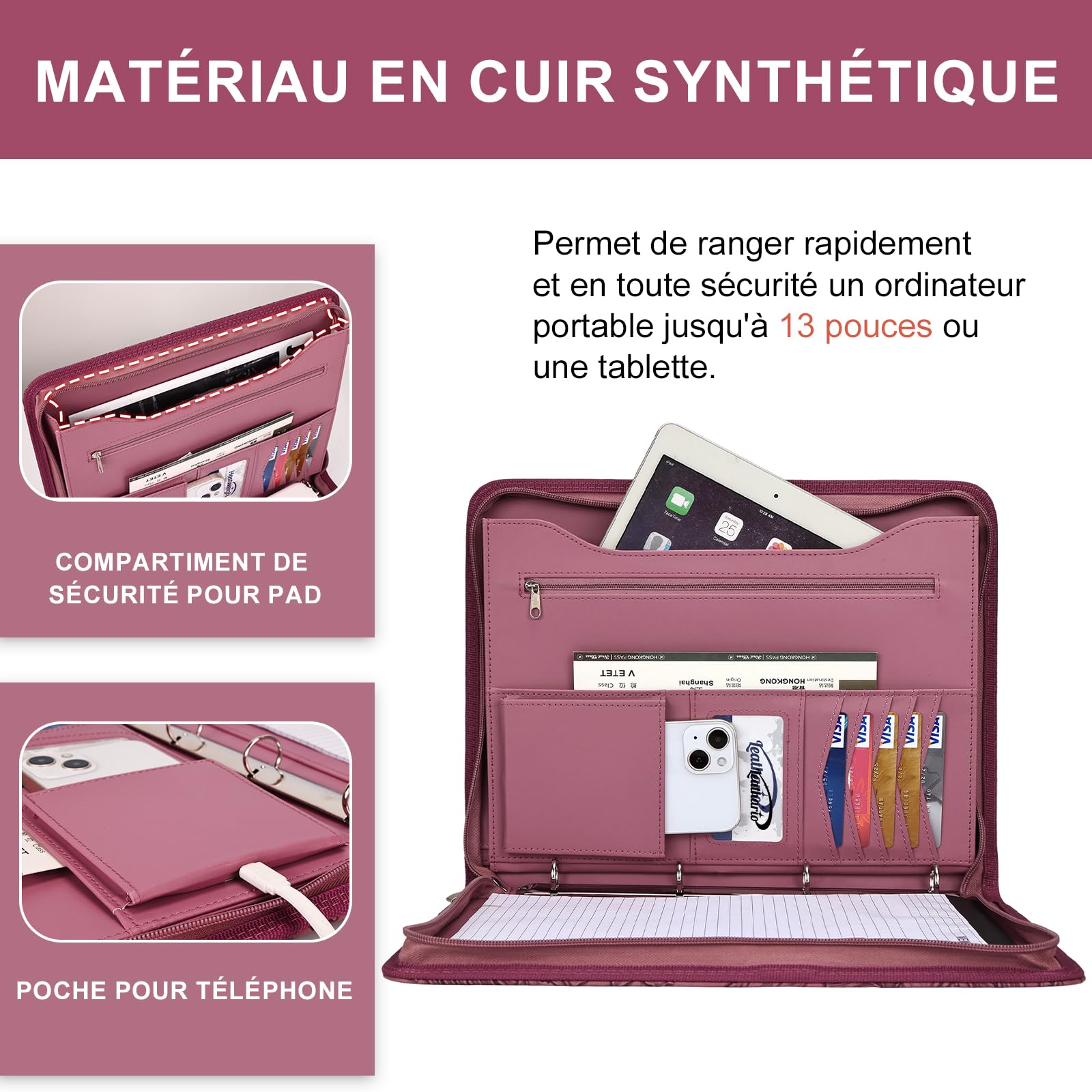 Leathario Portfolio A4 Porte-documents, avec à 4 Anneaux, Organiseur de Conférence, Carnet d'écriture - Dossier de présentation professionnel