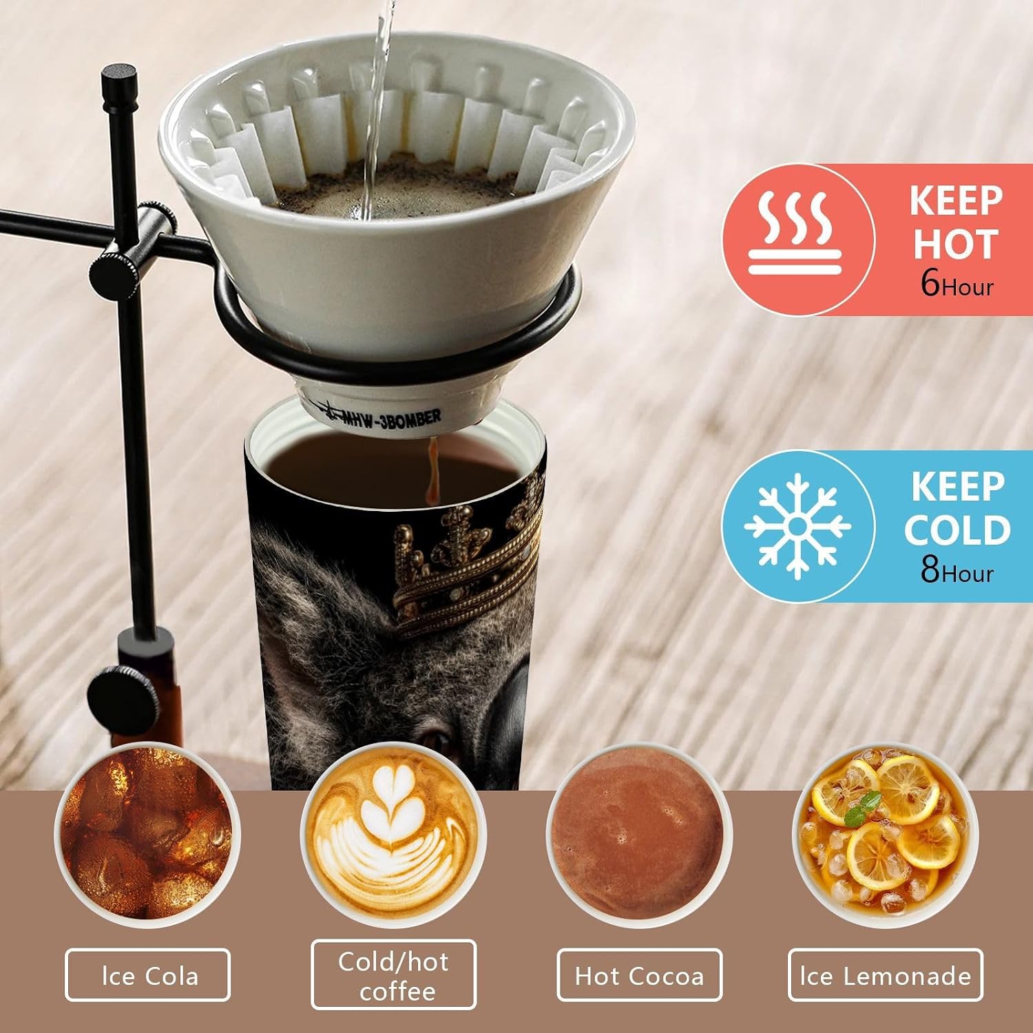 Koala Crown Insulated Coffee Mug with Straw & Flip Lid, 16.9oz Iced Tumbler Cup, Double Wall Vacuum Mug for Travel Office