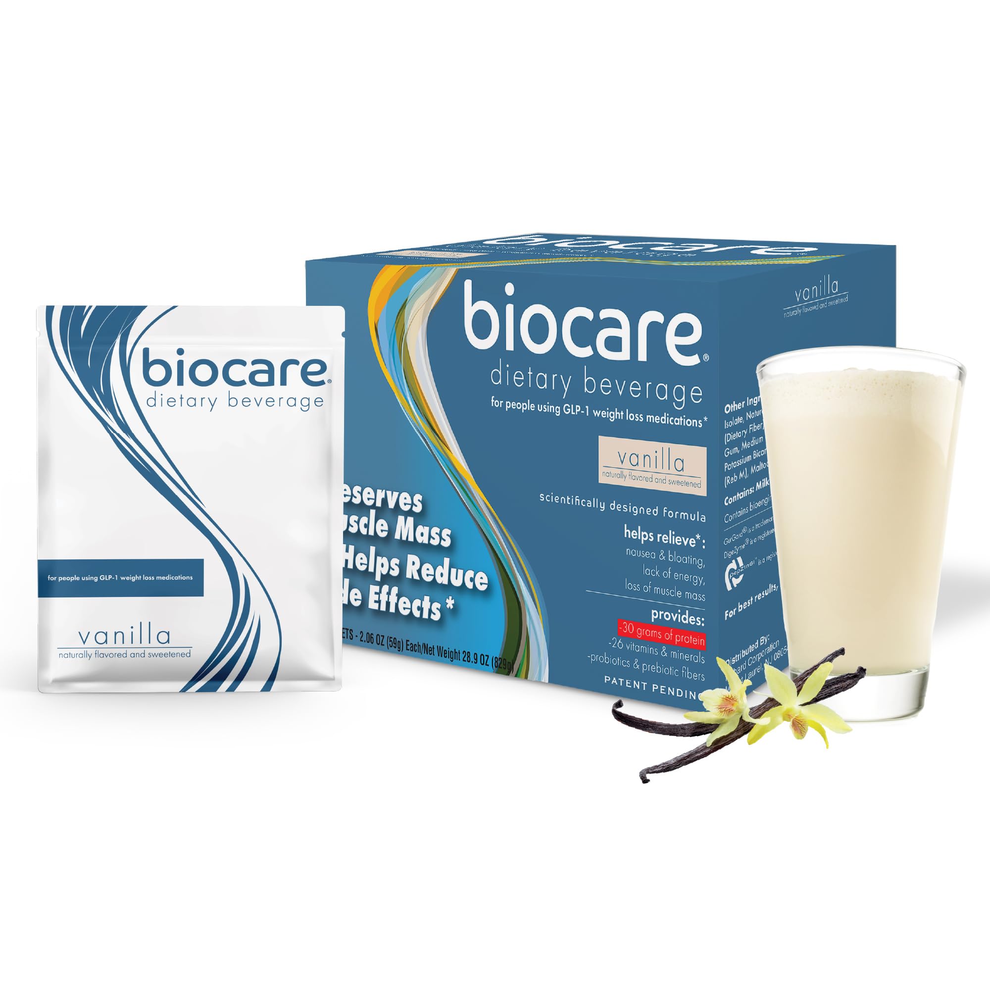 Bebida nutricional Biocare para usuarios de GLP-1. Esta bebida dietética en polvo aporta 25 g de proteína esencial y 26 vitaminas y minerales. Ayuda a aliviar náuseas, hinchazón y estreñimiento. Batido de vainilla (14 unidades).