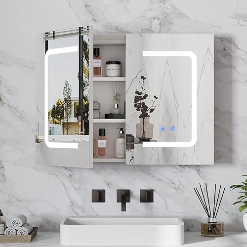 Espejo de baño con almacenamiento, botiquín de baño con espejo de montaje en pared, espejo LED, botiquín de medicina, 3 colores, atenuador infinito,