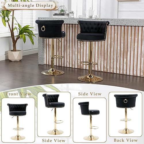 Miniatura 6 de Juego de 2 taburetes de bar de terciopelo con altura de mostrador, taburetes de bar giratorios con respaldo y reposapiés, modernas sillas de bar
