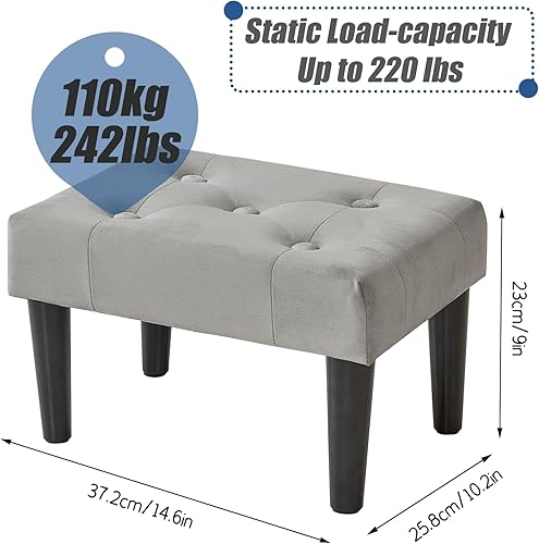 Miniatura 3 de BRIAN & DANY Taburete otomano pequeño, asiento suave de terciopelo con patas de madera, taburete para sala de estar, entrada, oficina (gris)
