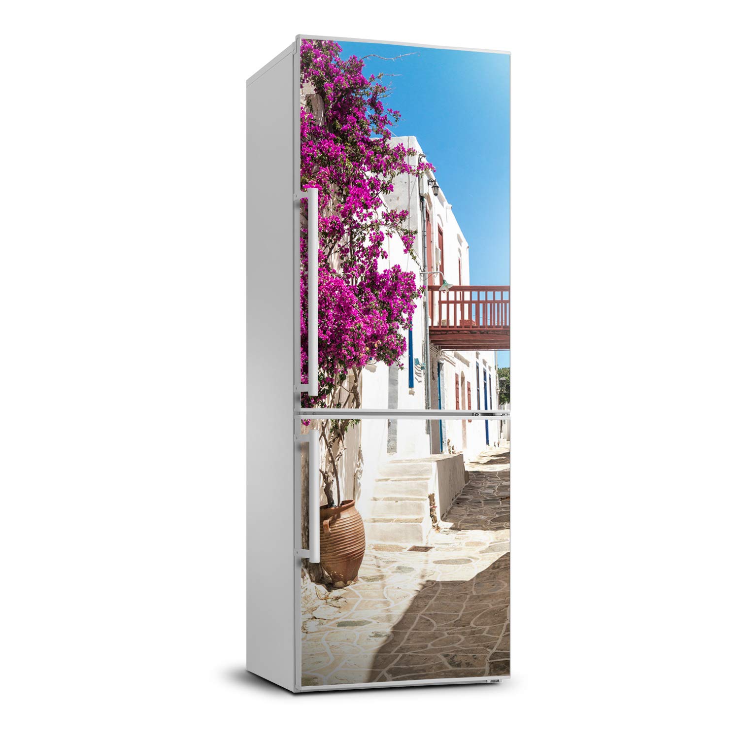 Autocollant frigo effet rues grecques pour une cuisine ambiance voyage