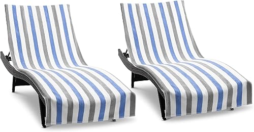 Arkwright Cabo Chaise Lounge Cover - Paquete de 2 toallas de algodón suave a rayas con soporte de bolsillo para silla de playa, piscina al aire