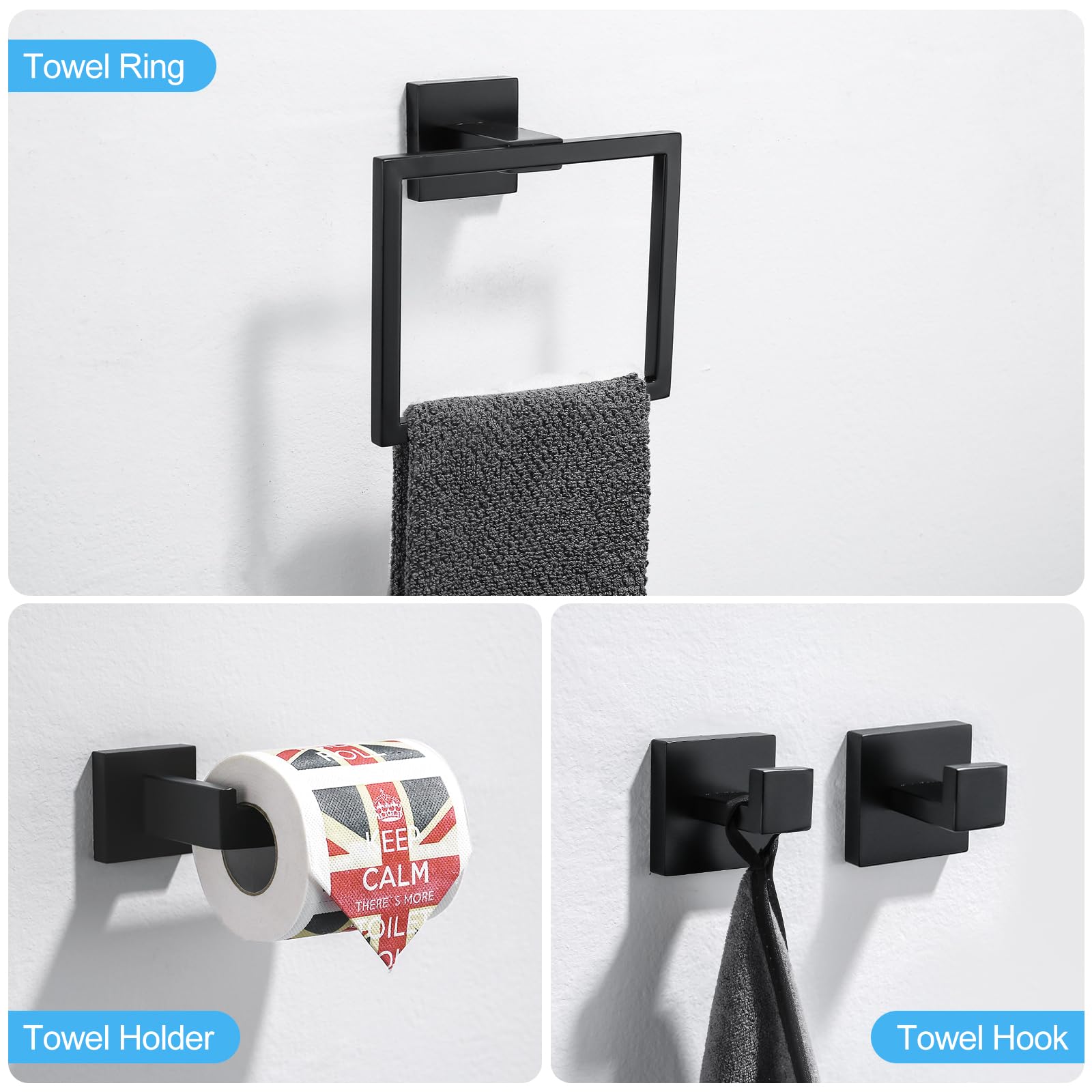 TURS 304 Stainless Steel Robe Hooks,Toilet Paper Holder,Towel Rail,Wall Mounted,Bathroom 4 Pieces Bathroom Accessory Set(Black) - Image 2