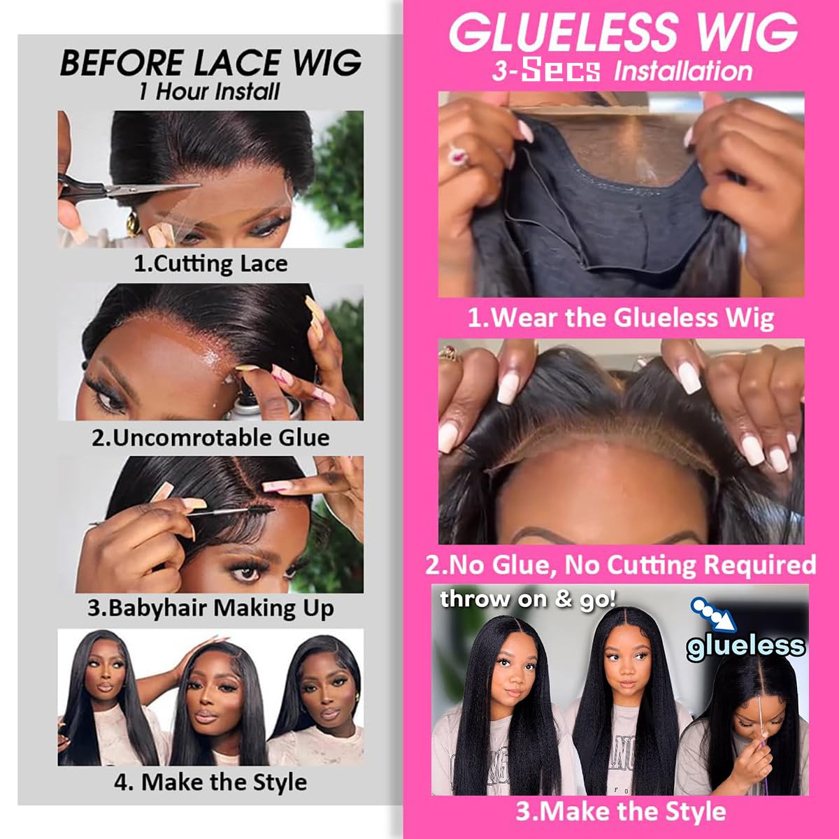 Kinky Straight Wear and Go Glueless Wig Pre Plucked Pre Cut 4x4 Synthetic Lace Front Wigs for Black Women Soft & Natural as Human Hair #1B (24 inch)