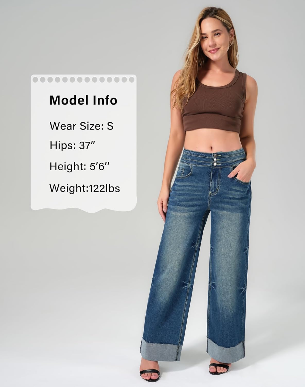 roswear Women's High Waisted Stretchy Wide Leg Jeans Cuffed Baggy Jeans Loose Denim Pants - Image 4