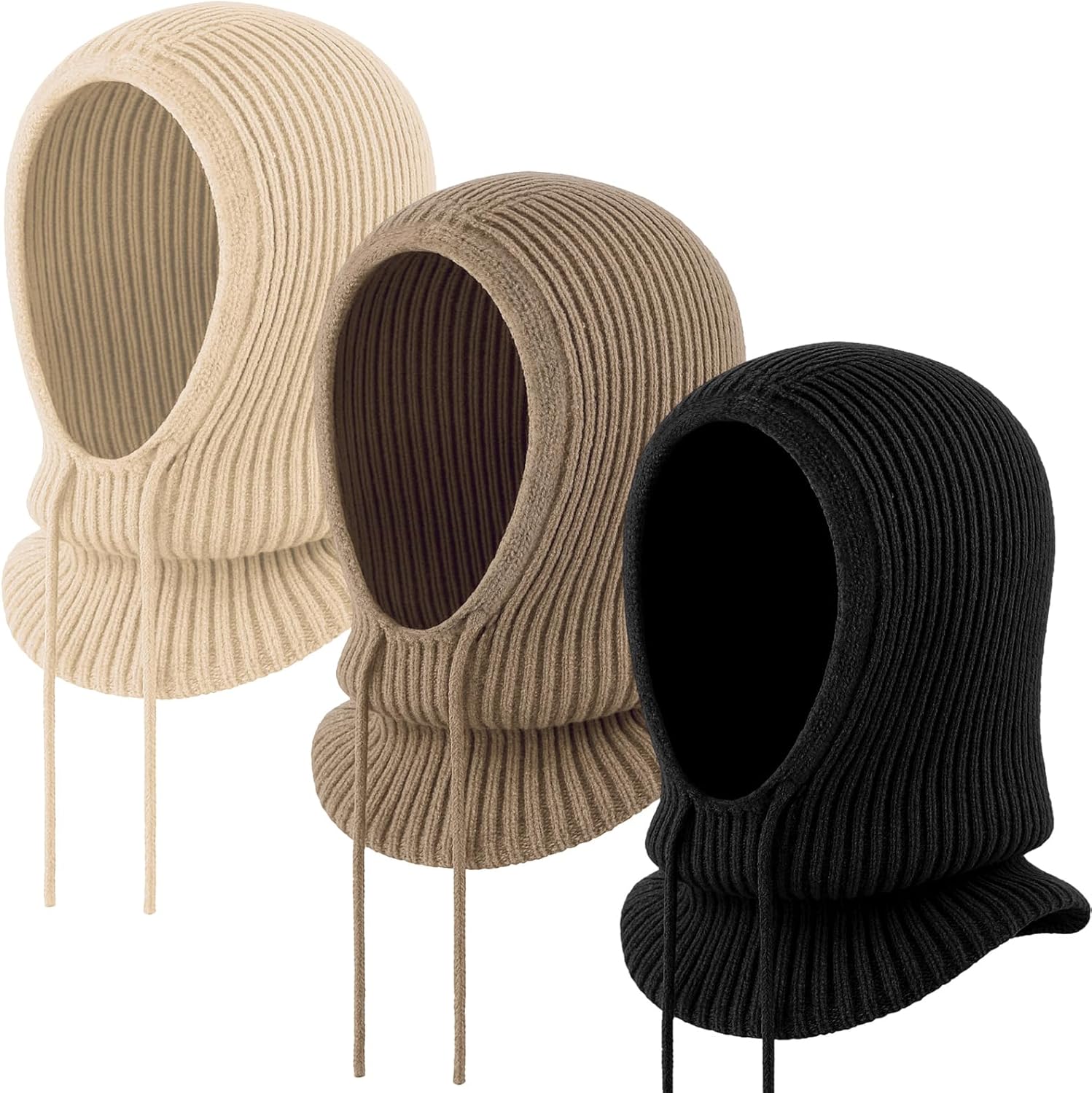 3 Pcs Winter Hats for Women Balaclava Knit Beanie with Adjustable Drawstring Warm Hooded Scarf Skull Cap for Unisex