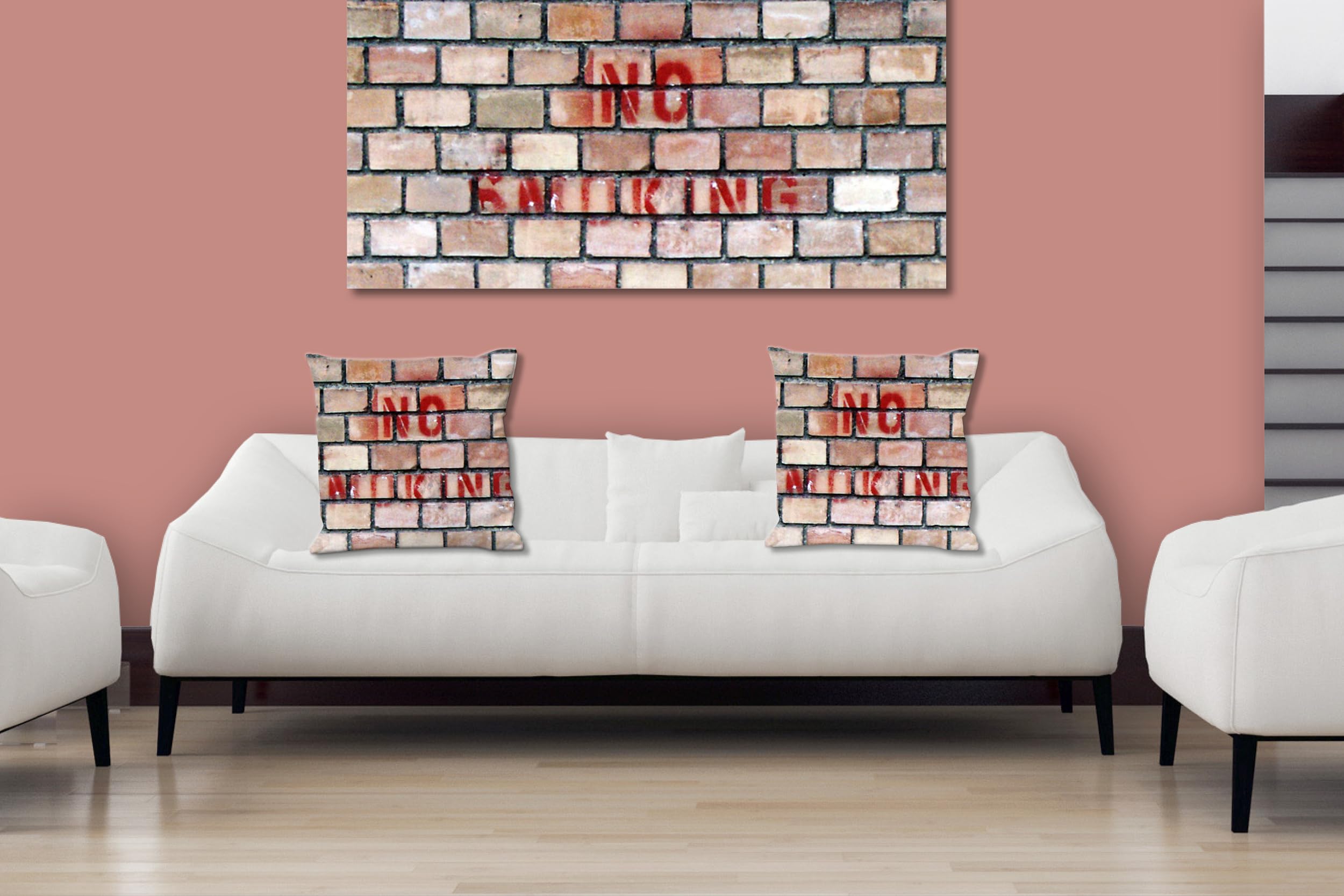 No Smoking - Foto-Kissen-Hülle Set (2 STK.) 40 x 40 cm | Kissen-Bezüge - passend zu Wandbild - Deko-Kissen - Wand Ziegel Graffiti Schrift