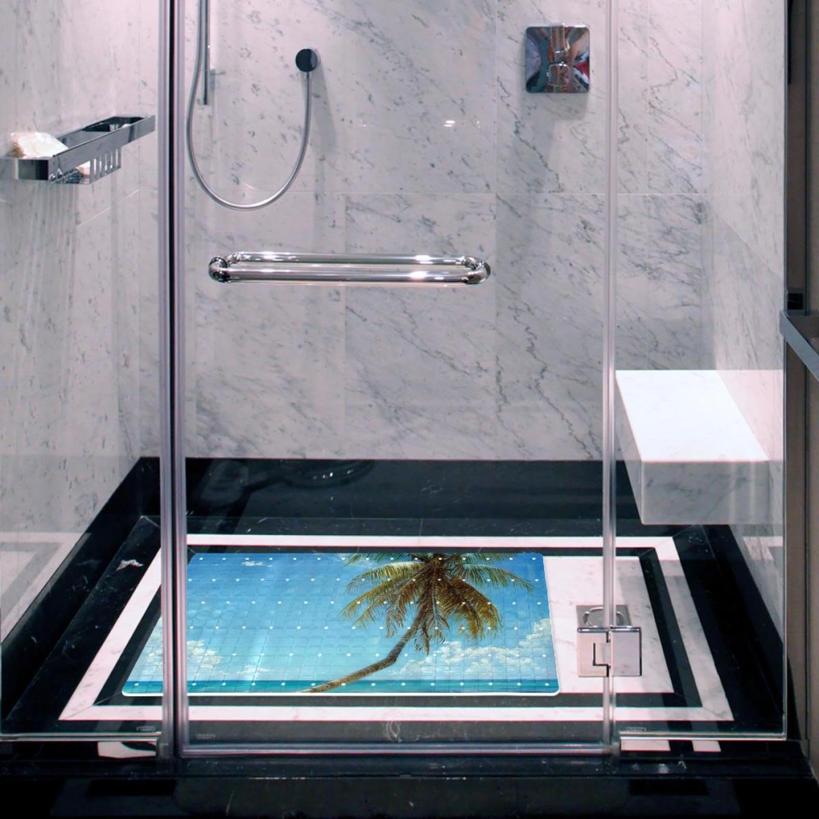 Tapis de bain de qualité supérieure - Antidérapant, facile à nettoyer et sans danger pour toute la famille - Palmier, ciel, mer, été