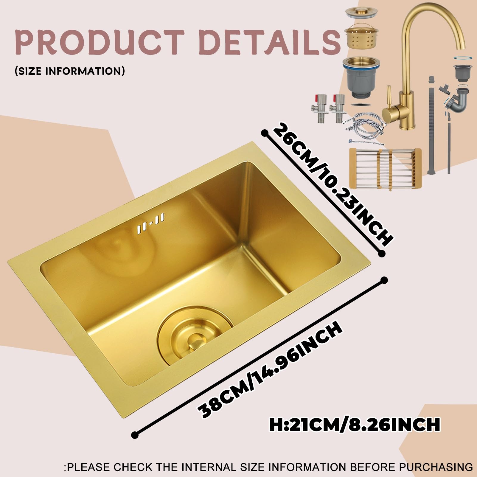 Lavelli Da Cucina, Lavello Singolo Golden Bar, Lavello Quadrato In Acciaio Inox Dorato Per Cucina/lavelli Da Bagno, Lavello Nano/Prep Con Kit Di Scarico, Facile Da Pulire, Da Incasso Sottotop