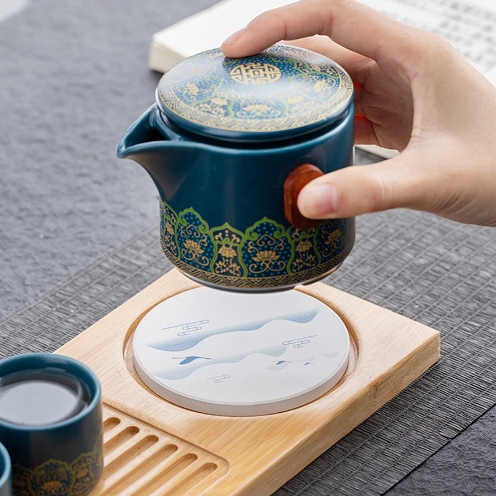 Mini Set Da Tè Viaggio In Ceramica - Teiera Kung Fu Con 2 Tazze E Borsa Portatile (Nero) - Foto 7