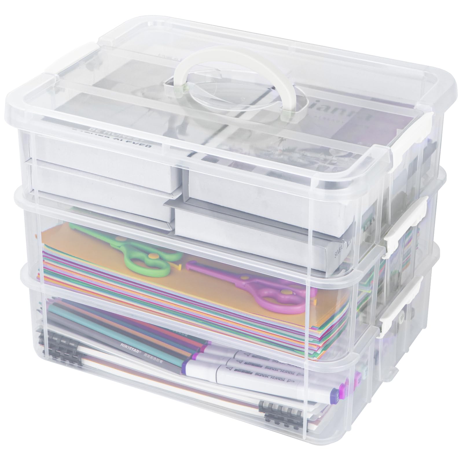 Creahaus 3 Layer Plastic Stackable Storage Boxes with Lid & Carry Handle,Storage Containers Multipurpose Portable Clear Organizer Carry Box for Organizing Art Craft,Sewing, Bead, Tool (Whter